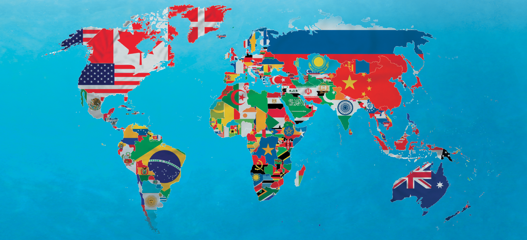 Ilustração. Ilustração do mapa do mundo com os cinco continentes e com a reprodução de partes das bandeiras dos países que os compõem. O oceano está na cor azul. Na América do Norte, predominam as cores branca, vermelha e azul e na América do Sul as cores da bandeira do Brasil (verde, azul e amarelo) e da bandeira da Argentina (azul claro). Na África há muitas cores: ao norte, predominam verde, branco e vermelho das bandeiras da Argélia, Líbia, Egito e Marrocos. Ao centro e ao norte do continente africano, há verde, amarelo, vermelho, azul, preto e branco. Na Eurásia, predominam azul, vermelho, amarelo, branco e verde. Na Oceania, azul vermelho e branco.