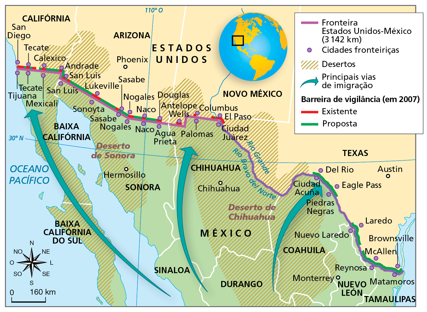 Mapa. Fronteira México-Estados Unidos: muro e cidades fronteiriças. Mapa representando a zona de fronteira entre o México e os Estados Unidos. Na parte superior, trecho fronteiriço do território dos Estados Unidos, com a delimitação dos estados da Califórnia, Arizona, Novo México e Texas; na parte inferior, trecho fronteiriço do território do México, com a delimitação dos estados da Baixa Califórnia, Baixa Califórnia do Sul, Sonora, Chihuahua, Sinaloa, Durango, Coahuila, Nuevo León Tamaulipas. No limite entre ambos os países, traçado da fronteira com extensão de 3.142 quilômetros e localização das cidades fronteiriças. Cidades fronteiriças com barreiras de vigilância existentes e propostas (Estados Unidos-México):  San Diego-Tijuana (existente).  Tecate-Tecate (existente). Calexico-Mexicale (existente). Andrade (existente). San Luis-San Luis (existente). Lukeville-Sonoyta (existente).  Sasabe-Sasabe (existente).  Nogales-Nogales (existente).  Naco-Naco (existente).  Douglas-Agua Prieta (existente). Antelope Wells (existente). Columbus-Palomas (existente).  El Paso-Ciudad Juarez (existente). Del Rio-Ciudad Acuña (proposta). Eagle Pass-Piedras Negras (proposta).  Laredo-Nuevo Laredo (proposta)  Brownsville-Matamoros (proposta). McAllen-Reynosa (proposta).  Desertos: Deserto de Chihuahua, se estende da porção central do México até porções ao sul dos estados do Arizona, Novo Mexico e Texas, nos Estados Unidos; Deserto de Sonora, se estende da porção oeste do México até uma faixa que abrange áreas ao sul da Califórnia e do Arizona, nos Estados Unidos. Principais vias de imigração: do centro do México em direção ao oeste, centro e leste da fronteira do Estados Unidos.  Na parte inferior, à esquerda, rosa dos ventos e escala de 0 a 160 quilômetros.