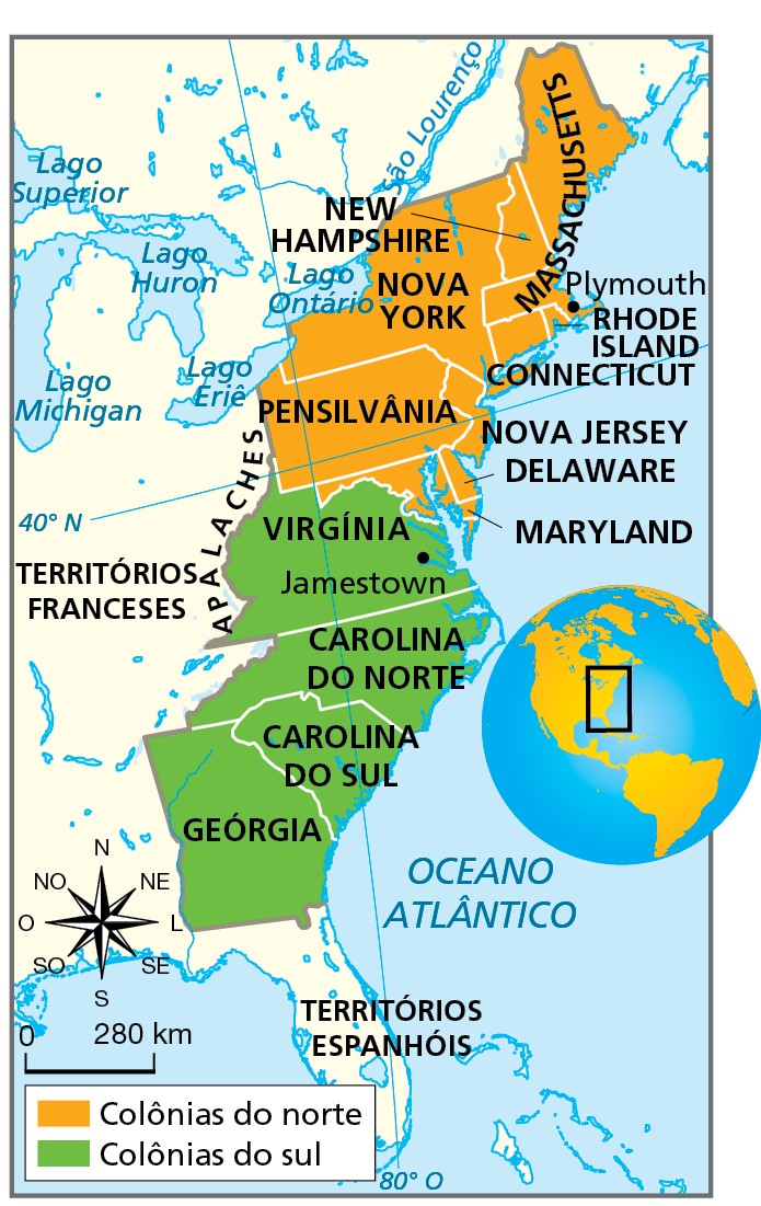 Mapa. As Treze Colônias Inglesas. Mapa com foco na porção leste do atual território dos Estados Unidos, mostrando as colônias do norte e as colônias do sul. À oeste dessa faixa, estão indicados os Apalaches e os territórios franceses, mais para o interior do país e, ao sul das Treze Colônias, os territórios espanhóis. Colônias do norte: Massachusetts, New Hampshire, Nova York, Pensilvânia, Rhode Island (destaque para Plymouth), Connecticut, Nova Jersey, Delaware, Maryland.  Colônias do sul: Virgínia (destaque para Jamestown), Carolina do Norte, Carolina do Sul, Geórgia.  Na parte inferior, rosa dos ventos e escala de 0 a 280 quilômetros.