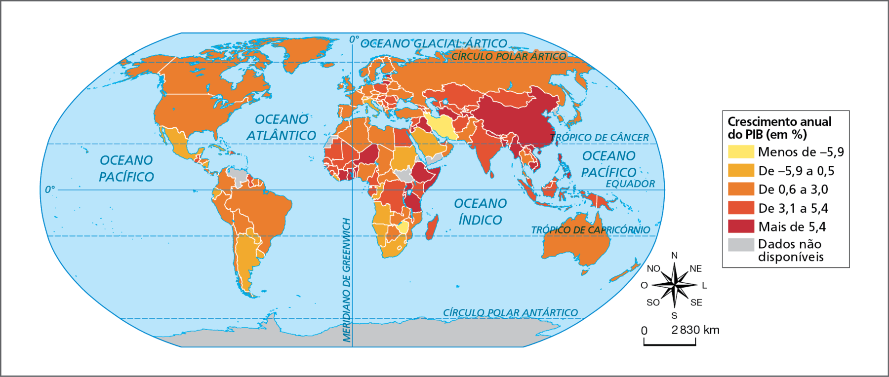 Mapa. Mundo: crescimento anual do PIB, 2019.  Planisfério com a divisão política e a representação da porcentagem de crescimento anual do PIB por país. As porcentagens são representadas por uma gradação do amarelo ao marrom. Menos de menos 5,9 por cento, em amarelo: Irã e Zimbábue. De menos 5,9 a 0,5 por cento, em laranja-claro: México, alguns países da América Central, países da América do Sul como Equador, Argentina, Paraguai e Uruguai, países da África como Sudão, Congo, Angola, Namíbia e África do Sul, países da Europa como Itália e, na Ásia, a Arábia Saudita.  De 0,6 a 3,0 por cento, em laranja escuro: Canadá e Estados Unidos na América do Norte; Chile, Peru, Colômbia, Suriname, Guiana francesa, Brasil e Bolívia na América do Sul; países da África como Marrocos, Argélia, Tunísia, Líbia, Chade, Zâmbia e Botsuana; a maior parte dos países da Europa, como França, Espanha, Portugal, Reino Unido, Alemanha, Noruega, Suécia e Finlândia; países da Ásia como Rússia, Japão, Coreia do Sul, Turquia, Paquistão e Tailândia e, na Oceania, Austrália e Nova Zelândia. De 3,1 a 5,4 por cento, em laranja-escuro: na América Central, Guatemala e República Dominicana; Guiana na América do Sul; na África, países na porção oeste, como Mauritânia, Mali, Senegal e Guiné e também países como Egito, Quênia e Madagascar; na Europa, países do leste, como Polônia, Romênia,  Hungria e Bulgária; na Ásia, países como Cazaquistão, Mongólia, Afeganistão, Índia, Malásia e Indonésia e, na Oceania, Papua Nova Guiné. Mais de 5,4 por cento, em marrom: na África, Níger, Costa do Marfim, Gana, Benim, Etiópia, Somália, Uganda e Tanzânia; na Europa, Estônia e Lituânia e, na Ásia, Jordânia, Iraque, Turcomenistão, Tadjiquistão, China, Mianmar, Camboja, Vietnã e Filipinas.   Dados não disponíveis: Venezuela, Saara Ocidental, Sudão do Sul, Iêmen, Coreia do Norte e Antártida. À direita, rosa dos ventos e escala de 0 a 2.830 quilômetros.