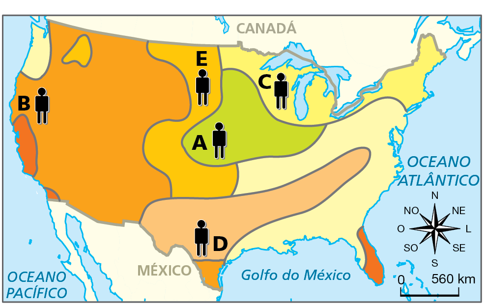 Mapa. Mapa de parte da América do Norte com a delimitação dos cinturões agropecuários dos Estados Unidos e símbolos de pessoa e letras do alfabeto em alguns cinturões.  Símbolo A: no cinturão localizado no centro-norte do país.  Símbolo B: no cinturão que abrange grande parte da porção central até a costa oeste, no litoral do Pacífico.  Símbolo C: no cinturão localizado na porção nordeste do país.  Símbolo D: no cinturão localizado no centro-sul.  Símbolo E: faixa no sentido norte-sul no centro do país. Abaixo à direita, rosa dos ventos e escala de 0 a 560 quilômetros.