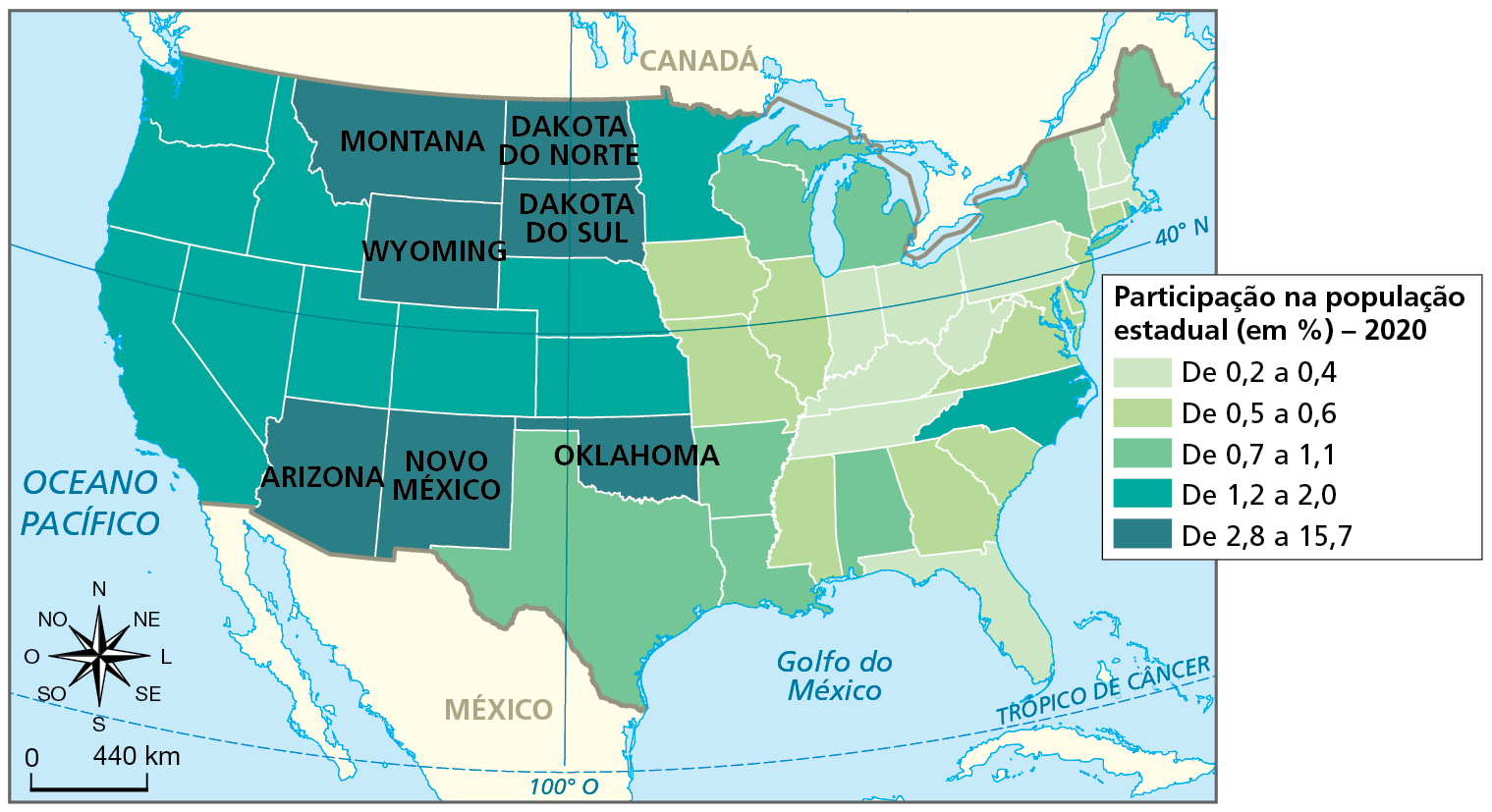 Mapa. Estados Unidos: distribuição da população indígena, 2020. Mapa de parte da América do Norte com a divisão política dos Estados Unidos e a porcentagem da população indígena na população de cada estado.  Participação na população estadual, em porcentagem, em 2020:   De 0,2 a 0,4 por cento: estados na faixa leste e nordeste.  De 0,5 a 0,6 por cento: estados na faixa leste e sudeste.  De 0,7 a 1,1 por cento: estados ao sul e nordeste.  De 1,2 a 2,0 por cento: um estado na costa leste, um na porção norte e vários estados nas porções central e na costa oeste.  De 2,8 a 15,7 por cento: estados ao norte (Wyoming, Dakota do Sul, Dakota do Norte e Montana) e na porção sul (Arizona, Novo México e Oklahoma).  À esquerda, rosa dos ventos e escala de 0 a 440 quilômetros.