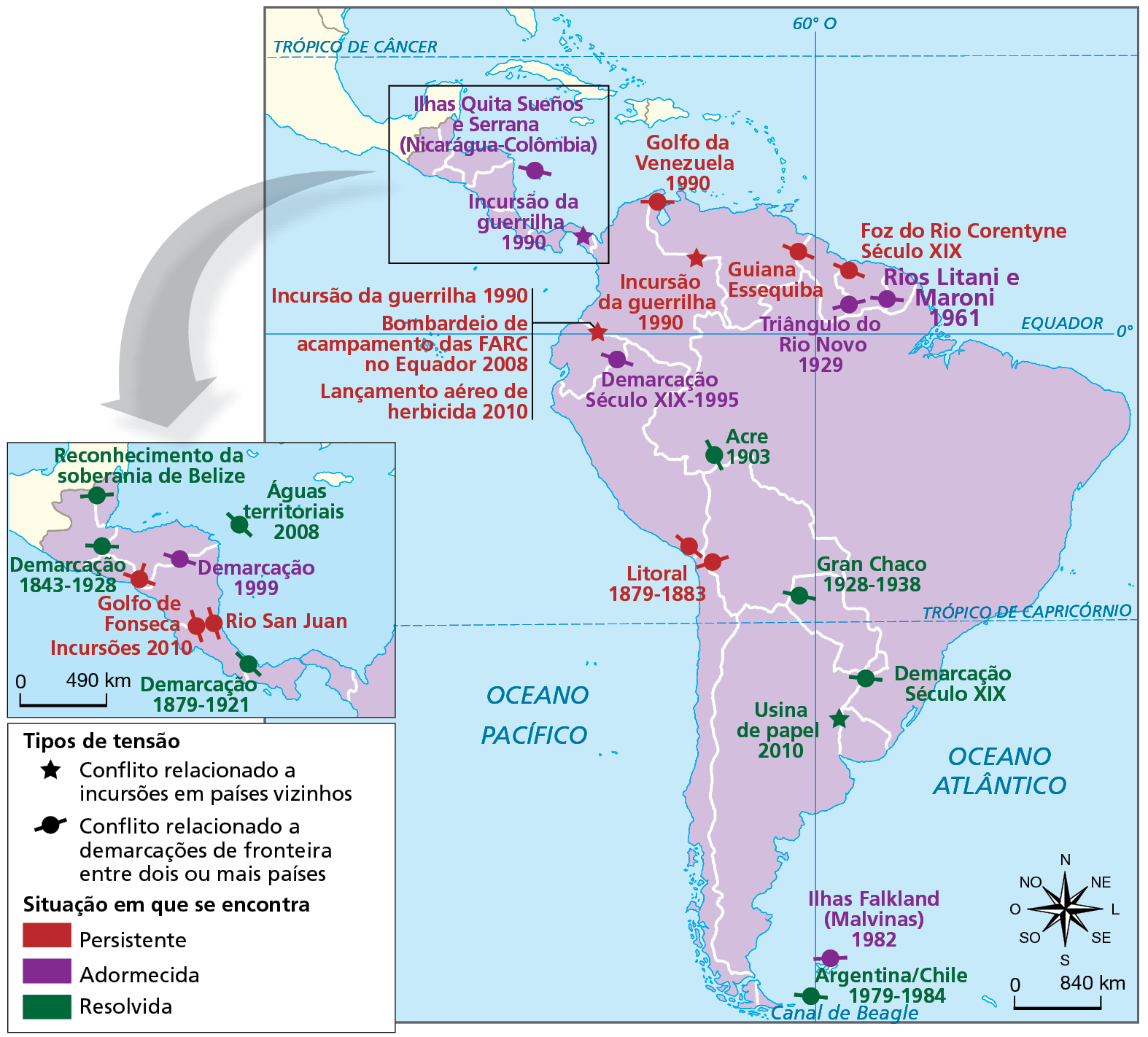 Mapa. América Latina: tensões fronteiriças - séculos 19-21. Mapa da América Latina representando as localizações das tensões fronteiriças entre países desde o século XIX. O mapa destaca situações de conflitos relacionados a incursões de países vizinhos, conflitos de demarcações de fronteiras e as suas respectivas situações: persistente, adormecida ou resolvida. Tipos de tensão:  Conflito relacionado a incursões em países vizinhos, de situação persistente: na fronteira entre Colômbia e Equador: incursão da guerrilha 1990, bombardeio de acampamento das FARC no Equador 2008; lançamento aéreo de herbicida 2010. Na fronteira entre Venezuela e Colômbia: incursão da guerrilha,1990. Conflito relacionado a incursões em países vizinhos, de situação adormecida: no Panamá; incursão da guerrilha 1990. Conflito relacionado a incursões em países vizinhos, de situação resolvida: na fronteira entre Uruguai e Argentina: usina de papel 2010. Conflito relacionado a demarcações de fronteira entre dois ou mais países, de situação persistente: no norte do Suriname, próximo à Guiana: foz do Rio Corentyne, século 19. Na fronteira entre Guiana e Venezuela: Guiana Essequiba. No norte da Venezuela, próximo à fronteira com a Colômbia: Golfo da Venezuela 1990. No sul do Peru e no sudoeste da Bolívia, próximo à fronteira com o Chile e com o Peru: litoral 1879-1883. Conflito relacionado a demarcações de fronteira entre dois ou mais países, de situação adormecida: na fronteira entre Guiana Francesa e Suriname: rios Litani e Maroni, 1961.  Entre Guiana e Suriname: Triângulo do Rio Novo, 1929. Na fronteira entre Equador e Peru: demarcação século 19 a 1995. Nas Ilhas Falklands (Malvinas), 1982. Entre Nicarágua e Colômbia, conflito pelas Ilhas Quita Sueños e Serrana. Conflito relacionado a demarcações de fronteira entre dois ou mais países, de situação resolvida: Acre, 1903, entre Brasil e Bolívia; Gran Chaco, 1928-1938, entre Bolívia e Paraguai; demarcação século 19, entre Brasil e Argentina; conflito entre Argentina e Chile, 1979-1984.  À direita, na parte inferior do mapa, rosa dos ventos e escala de 0 a 840 quilômetros.  Há um retângulo de linhas pretas, vazado, na parte da  América Central, do qual sai uma seta em direção a um mapa menor, localizado na parte esquerda do mapa da América Latina, detalhando outros conflitos dessa área: Conflitos relacionados a demarcações de fronteira entre dois ou mais países em situação persistente: entre Costa Rica e Nicarágua: Rio San Juan,  incursões 2010. Entre Honduras, Nicarágua e El Salvador: Golfo de Fonseca. Conflitos relacionados a demarcações de fronteira entre dois ou mais países em situação adormecida: entre Nicarágua e Honduras: demarcação 1999.  Conflitos relacionados a demarcações de fronteira entre dois ou mais países em situação resolvida: entre Belize e Guatemala: reconhecimento da soberania de Belize. Entre Guatemala e Honduras e El Salvador: demarcação, 1843-1928. Entre Panamá e Costa Rica: demarcação, 1879-1921. No mar do Caribe, águas territoriais 2008.  Na parte inferior esquerda do mapa menor, escala de 0 a 490 quilômetros.