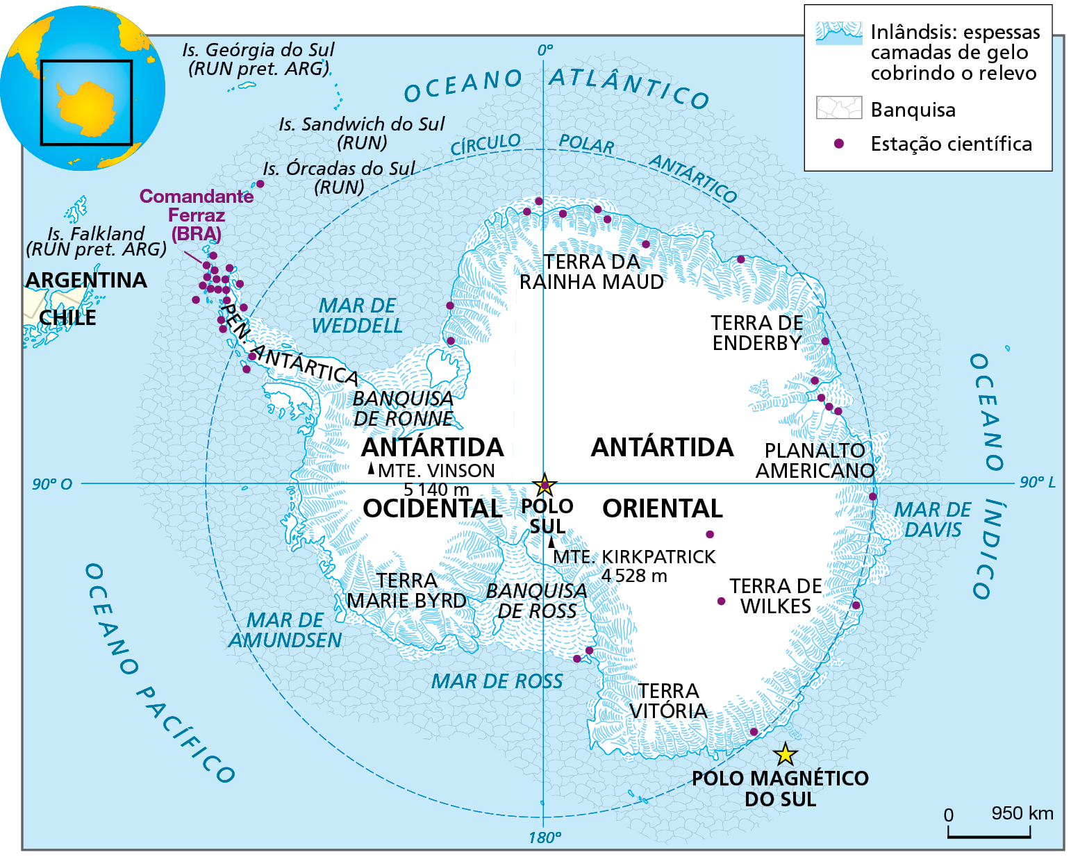 Mapa. Antártida. Mapa da região da Antártida, representando as áreas de inlândsis (espessas camadas de gelo cobrindo o relevo), regiões de banquisa e localização das estações científicas.  O território da Antártida está em sua maior parte dentro da área delimitada  pelo Círculo Polar Antártico, cercada de banquisas. No centro do círculo está o Polo Sul, no cruzamento entre o meridiano zero grau/180 graus e o paralelo zero grau/90 graus, indicado por uma estrela vermelha. Abaixo e à direita, uma estrela amarela representa o Polo Magnético do Sul. À esquerda do meridiano zero grau está a Antártida Ocidental, onde se localiza a Banquisa de Ronne, o Monte Vinson, com 5.140 metros de altitude, a Terra Marie Byrd, uma parte da Banquisa de Ross e a Península da Antártica, além do Mar de Weddell, mar de Amundsen e Mar de Ross. Nessa península se localizam diversas estações científicas, entre elas, a estação científica brasileira Comandante Ferraz. À direita do meridiano está a Antártida Oriental, onde se localizam a Terra de Enderby, o Planalto Americano, a Terra de Wilkes, a Terra da Rainha Maud, a Terra Vitória, parte da Banquisa de Ross e o Monte Kirkpatrick, com 4.528 metros de altitude, além do Mar de Davis.  Na parte inferior direita do mapa, escala de 0 a 950 quilômetros.