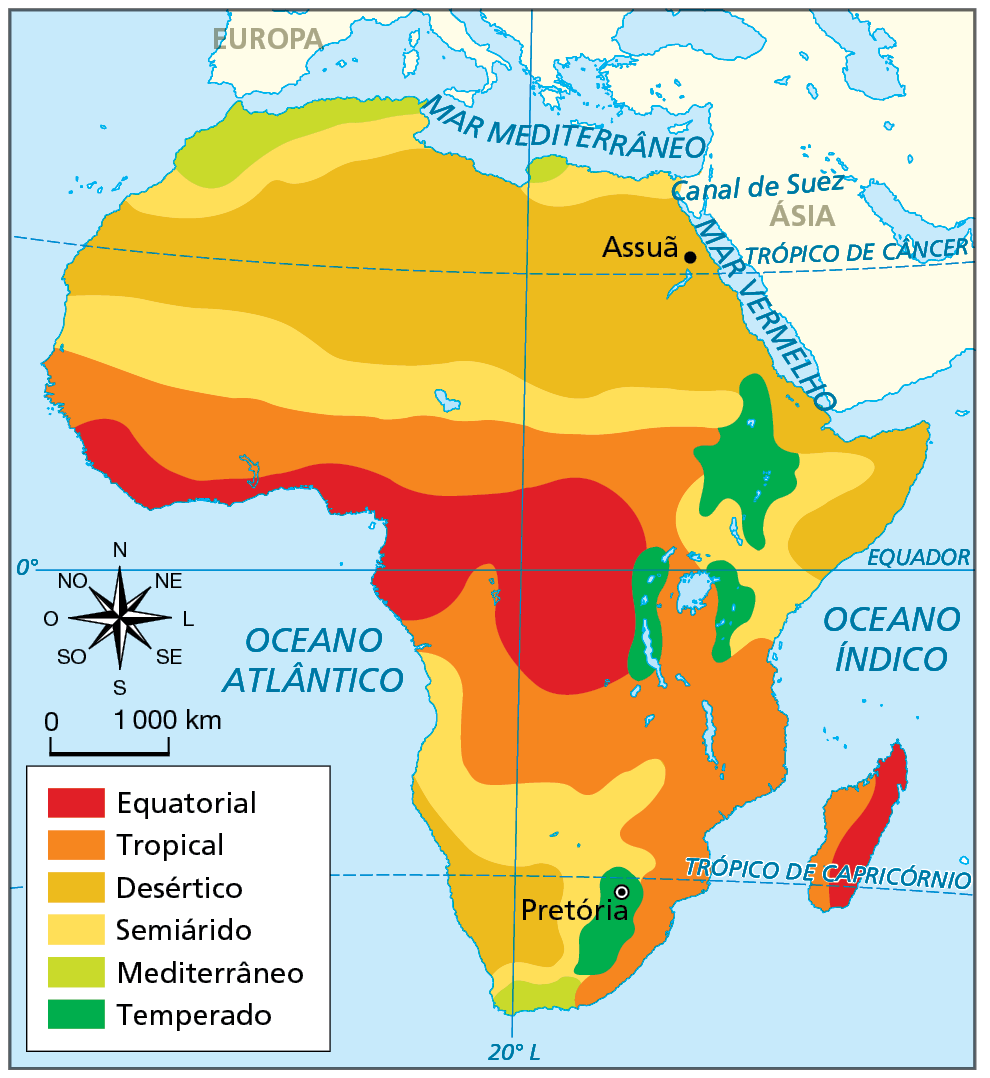 Mapa. África: climas Mapa da África representando a distribuição dos tipos de clima no continente.  Equatorial, em vermelho: predomina na porção no centro-oeste do continente, por onde passa a linha do Equador, com latitude igual a zero. Presente também no leste da Ilha de Madagascar.   Tropical, em laranja escuro: faixa ao norte e faixa ao sul da área onde predomina o clima Equatorial e na porção sudeste do continente, incluindo a parte oeste da Ilha de Madagascar.   Desértico, em amarelo escuro: faixa na porção mais ao norte que se estende da costa leste até a costa oeste do continente, por onde passa o Trópico de Câncer e onde está a cidade de Assuã. Porção também a sudoeste.   Semiárido, em amarelo: faixa no centro do continente, de leste a oeste, entre o Trópico de Câncer e o Equador. Faixa na porção norte, próximo ao Mar Mediterrâneo; área nas porções nordeste e sudoeste.   Mediterrâneo, em verde-claro: pequena faixa no extremo norte e no extremo sul do continente.  Temperado, em verde-escuro: área ao sul, onde se localiza a cidade de Pretória; áreas no centro leste do continente.  À esquerda, rosa dos ventos e escala de 0 a 1.000 quilômetros.