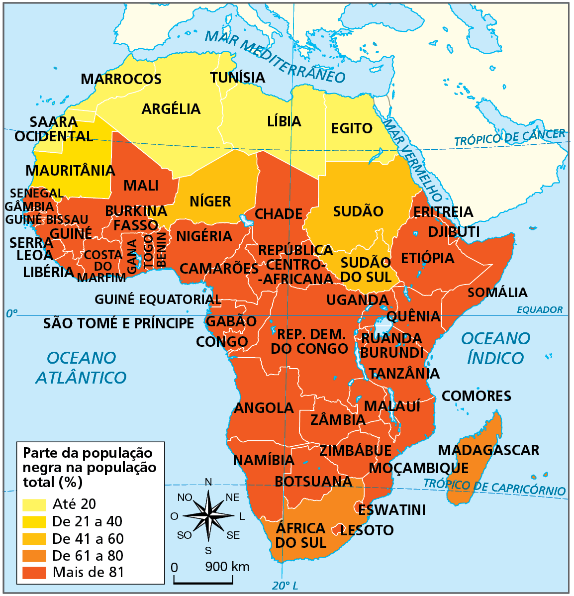 Mapa. África: participação da população negra na população total (em porcentagem) - 2019. Mapa do continente africano representando a parte da população negra em relação total da população de cada país, em porcentagem. Até 20 por cento: Saara Ocidental, Marrocos, Argélia, Tunísia, Líbia, Egito De 21 a 40 por cento: Mauritânia. De 41 a 60 por cento: Níger, Sudão, Sudão do Sul. De 61 a 80 por cento: África do Sul e Madagascar. Mais de 81 por cento: Mali, Senegal, Gâmbia, Guiné Bissau, Guiné, Serra Leoa, Libéria, Costa do Marfim, Gana, Burkina Fasso, Togo, Benin, Nigéria, Camarões, Chade, República Centro-Africana, Eritreia, Djibouti, Etiópia, Somália, Guiné Equatorial, Gabão, Congo, República Democrática do Congo, Uganda, Quênia, Ruanda, Burundi, Tanzânia, Angola, Zâmbia, Malauí, Moçambique, Namíbia, Botsuana e  Zimbábue. A esquerda e abaixo, a rosa dos ventos e a escala de zero a 900 quilômetros.