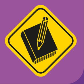 Ícone. Seção Atividades dos percursos. Composto por uma placa amarela com o desenho de um livro fechado com um lápis em cima.