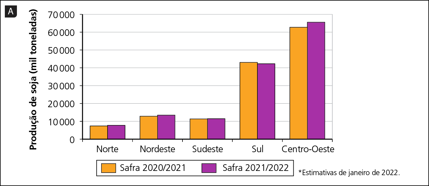 Gráfico A. Brasil: participação da produção de soja por Grandes Regiões, em milhares de toneladas, safras 2020, 21 e 2021, 22. Estimativas de janeiro de 2022. Gráfico de colunas. No eixo vertical, os valores de  produção de soja em mil toneladas. No eixo horizontal, as Grandes Regiões. Para cada região, há duas colunas: uma representando o valor da safra de 2020, 2021 e outra coluna a safra de 2021, 2022.  Grande Região Norte. Safra 2020/2021: 8.500 toneladas.  Safra 2021/2022: 9.000 toneladas.  Grande Região Nordeste. Safra 2020/2021: 12.000 toneladas. Safra 2021/2022: 13.000 toneladas.  Grande Região Sudeste. Safra 2020/2021: 11.000 toneladas.  Safra 2021/2022: 11.000 toneladas.  Grande Região Sul. Safra 2020/2021: 42.000 toneladas.  Safra 2021/2022: 41.000 toneladas.  Grande Região Centro-Oeste. Safra 2020/2021: 62.000 toneladas.  Safra 2021/2022: 65.000 toneladas.