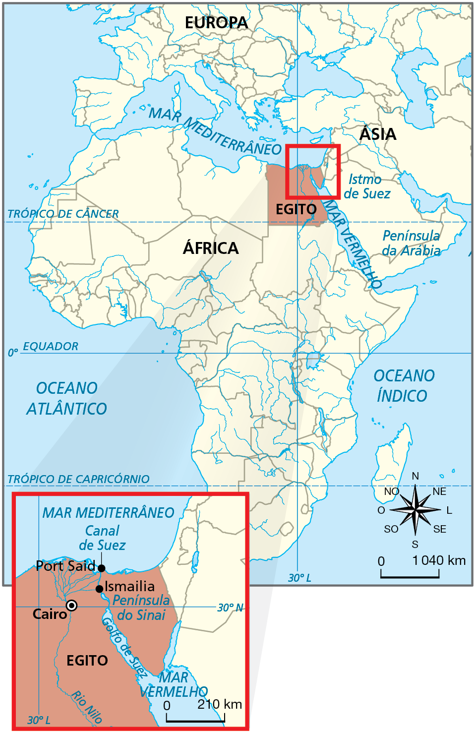 Mapa. O Istmo de Suez unia a África à Ásia. Mapa do continente africano e de parte da Ásia e da Europa. 
Os continentes estão na cor amarelo claro neutro. Na África, o Egito, país localizado na porção nordeste do continente, está destacado na cor laranja. Há o contorno de um retângulo que delimita uma parte do Egito e uma parte da Ásia. No canto inferior direito do mapa, rosa dos ventos e escala de 0 a 1.040 quilômetros.
Abaixo, há outro mapa para representar a área dentro do retângulo. O Egito está separado da Península do Sinai pelo Canal e pelo Golfo de Suez, que conectam o Mar Mediterrâneo e o Mar Vermelho. Na ponta próxima ao Mar Mediterrâneo, há a cidade de Port Said. Na ponta próxima ao Mar Vermelho, está a cidade de Ismailia.  O Canal de Suez passa entre os dois continentes  Neste mapa, rosa dos ventos e escala de 0 a 210 quilômetros.