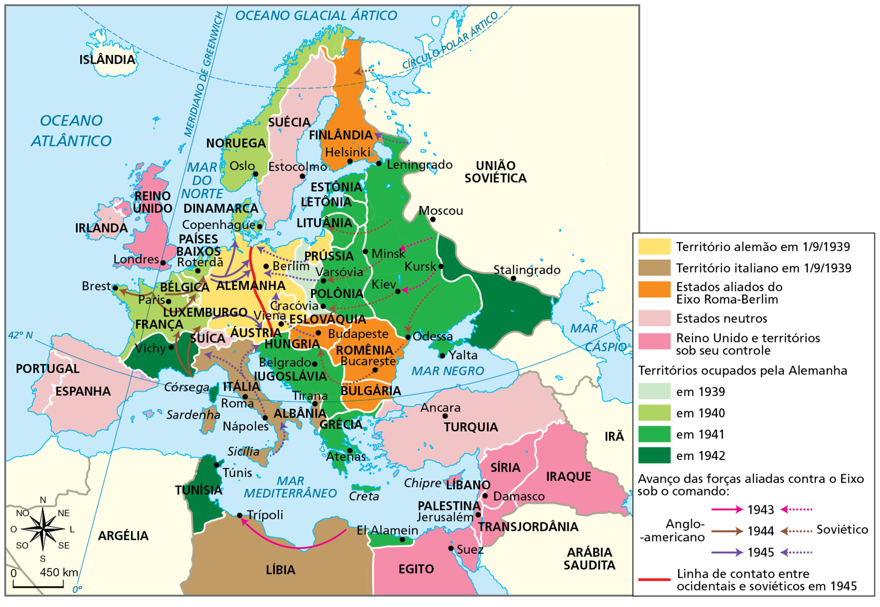 Mapa. Segunda Guerra Mundial, 1939, 1945.  Em amarelo, território alemão em 1 do 9 de 1939, compreendendo a Alemanha, a Prússia (porção descontínua do território à leste) e os territórios anexados da Áustria e parte da Eslováquia.  Em marrom claro, território italiano em 1 do 9 de 1939, compreendendo a Itália e a Albânia, no continente europeu, e a Líbia, na África.  Em laranja, Estados aliados do Eixo Roma-Berlim, compreendendo Finlândia, Eslováquia, Romênia, Hungria e Bulgária.  Em rosa claro, Estados neutros, compreendendo Portugal, Espanha, Suíça, Irlanda, Suécia e Turquia. Em rosa, Reino Unido e territórios sob controle britânico, compreendendo o Reino Unido, na Europa; o Egito, na África; e Palestina, Transjordânia, Líbano, Síria e Iraque, no Oriente Médio.  Em verde bem claro, territórios ocupados pela Alemanha em 1939, compreendendo parte da Polônia.  Em verde claro, territórios ocupados pela Alemanha em 1940, compreendendo Noruega, Dinamarca, Países Baixos, Bélgica e a maior parte da França.  Em verde vivo, territórios ocupados pela Alemanha em 1941, compreendendo Grécia, Iugoslávia, Polônia, Lituânia, Letônia, Estônia e parte do oeste da União Soviética, aproximando-se da cidade de Moscou.  Em verde escuro, territórios ocupados pela Alemanha em 1942, compreendendo o sul da França, na Europa; a Tunísia, na África; e parte da União Soviética à leste da área conquistada em 1941, aproximando-se da cidade de Stalingrado. Uma seta rosa contínua indica o avanço das forças aliadas contra o Eixo sob o comando anglo-americano em 1943 que vai da porção leste no norte da Líbia a Trípoli, cidade na porção norte-oeste da Líbia.  Uma seta rosa tracejada indica o avanço das forças aliadas sob o comando soviético; ela vai da União Soviética em direção a oeste no continente europeu. Uma seta marrom contínua indica o avanço das forças aliadas contra o Eixo sob o comando anglo-americano em 1944; ela vai do sul da França em direção ao norte, e da França em direção a Bélgica e Países Baixos.  Uma seta marrom descontínua indica a direção do avanço das forças aliadas contra o Eixo sob o comando soviético; ela vai da União Soviética em direção a Cracóvia e Varsóvia na Polônia.   Uma seta lilás contínua indica a direção do avanço das forças aliadas contra o Eixo sob o comando anglo-americano em 1945, ela vai dos Países Baixos em direção ao norte da Alemanha e do sudeste da França em direção à Áustria.  Uma seta lilás descontínua indica a direção do avanço das forças aliadas contra o Eixo sob o comando soviético em 1945; ela vai da Prússia em direção ao norte da Alemanha, de Varsóvia, na Polônia, em direção à Alemanha, de Budapeste, na Hungria, em direção à Alemanha, da Sicília em direção ao sul da Itália e de Nápoles em direção ao norte da Ioguslávia e sul da França.  Uma linha vermelha representa a linha de contato entre ocidentais e soviéticos em 1945. Ela atravessa a Alemanha no sentido norte-sul. No mapa, localiza-se a cidade de Vichy, no sul da França, como parte do território ocupado pela Alemanha em 1942.  No canto inferior esquerdo, rosa dos ventos e escala de 0 a 450 quilômetros.