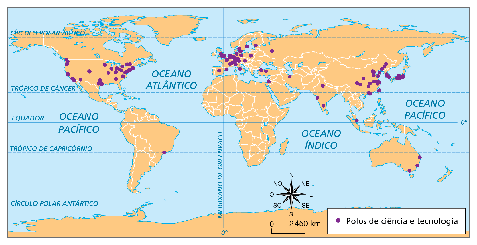 Mapa. Mundo: principais polos de inovação tecnológica, 2021. Planisfério com a divisão política. Todos os países estão na cor laranja e os polos de ciência e tecnologia são representados por pontos em roxo. Polos de ciência e tecnologia: concentração de pontos na costa leste e oeste dos Estados Unidos; em países da Europa, como França, Reino Unido, Alemanha, Itália, Países Baixos, Dinamarca e outros; nas porções sul e leste da Ásia, como na Índia, na China e no Japão e, na Oceania, na Austrália. Na América do Sul, há 1 polo de ciência e tecnologia e este se localiza na região Sudeste do Brasil.
Abaixo, rosa dos ventos e escala de 0 a 2.450 quilômetros.