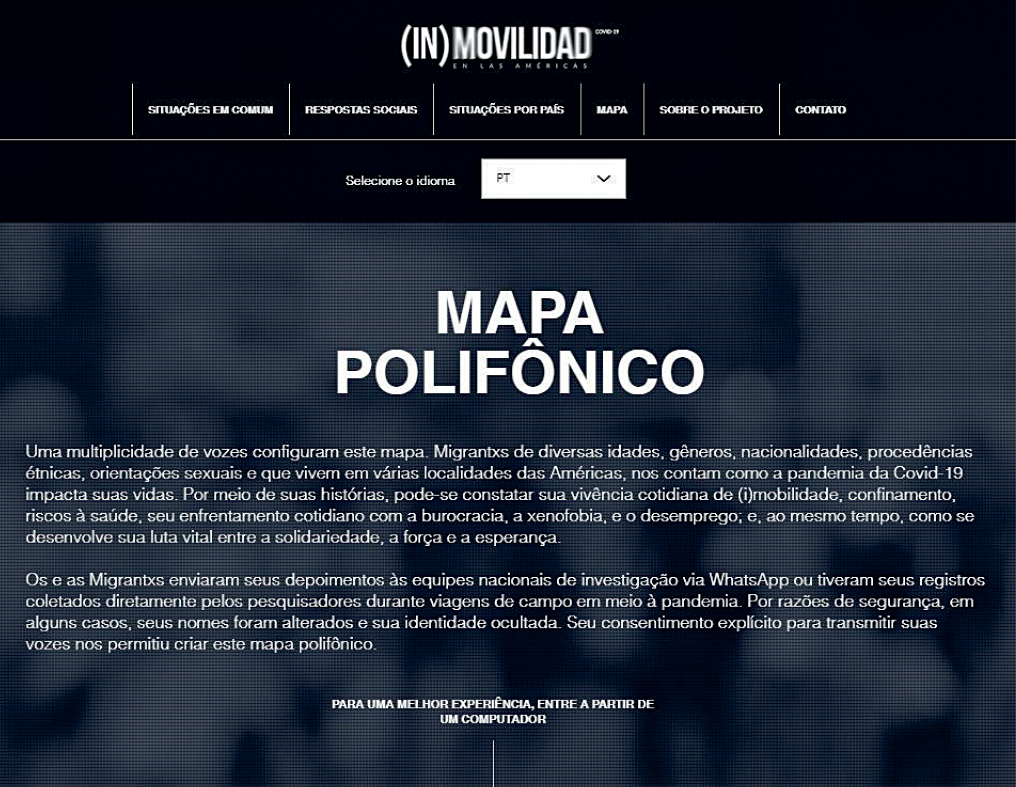 Captura de tela. Página de um site com fundo preto com destaque para a frase em letras grandes em branco: MAPA POLIFÔNICO.