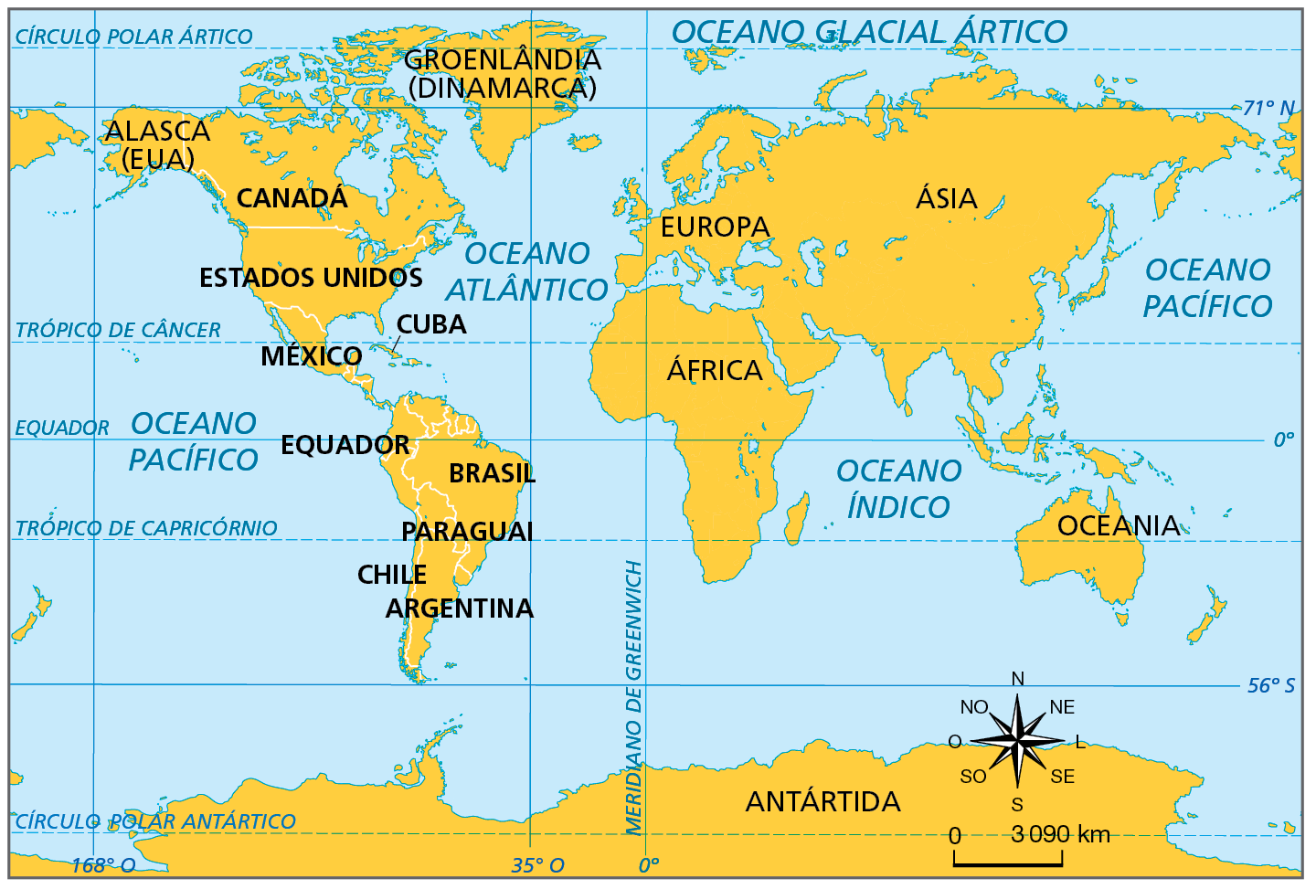 Mapa. Mundo: posição geográfica da América. Planisfério com a identificação dos continentes e oceanos da Terra e a divisão política da América. Todos os continentes estão na cor laranja. A América está à oeste de África, Europa, Ásia e Oceania e do Oceano Atlântico. A oeste da América, está o Oceano Pacífico. Ao sul, a Antártida.  De norte a sul, no continente americano, há a indicação de Groenlândia (Dinamarca), Alasca (Estados Unidos), Canadá, Estados Unidos, México, Cuba, Equador, Brasil, Paraguai, Chile e Argentina.  Abaixo, rosa dos ventos e escala de 0 a 3.090 quilômetros.