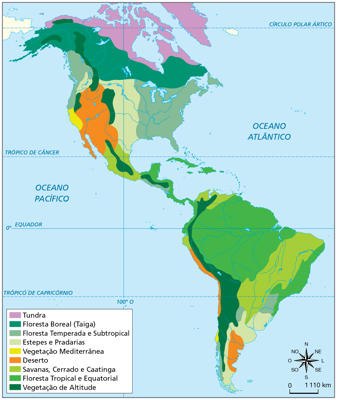 Mapa. América: vegetação original. Mapa do continente americano com a representação das áreas de ocorrência dos tipos de vegetação original no continente. Os tipos de vegetação estão representados por manchas de cores diferentes. Tundra: no extremo norte da América do Norte.  Floresta Boreal (Taiga): extensa faixa no norte da América do Norte, indo da costa oeste até a costa leste.  Floresta Temperada e Subtropical: costa leste e sudeste avançando até o centro da América do Norte, em toda a porção ao sul dos Grandes Lagos até a Península da Flórida; e faixa a noroeste da América do Norte e sul do Brasil.  Estepes e Pradarias: sul da América do Sul e faixa no centro e no sul da América do Norte.  Vegetação Mediterrânea: pequena faixa na costa oeste da América do Norte.  Deserto: faixa no sul da América do Sul, estreita faixa na costa oeste da América do Sul e faixa na porção centro-oeste da América do Norte. Savanas, Cerrado e Caatinga: faixa na direção Nordeste - Centro Oeste do Brasil, extremo norte da América do Sul e nas costas leste e oeste do México.  Floresta Tropical e Equatorial: costa leste do Brasil, grande porção no norte, noroeste e oeste da América do Sul e em grande parte da América Central.  Vegetação de Altitude: extensa faixa próxima a toda a costa oeste da América do Sul, em trecho da América Central, no centro do México e em alguns pontos do centro-oeste da América do Norte.  À direita, rosa dos ventos e escala de 0 a 1.110 quilômetros.