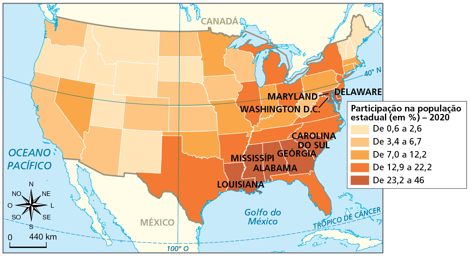 Mapa. Estados Unidos: distribuição da população negra, 2020. Mapa de parte da América do Norte com a divisão política dos Estados Unidos e a porcentagem de participação da população negra em cada estado.    Participação na população estadual, em porcentagem, 2020.  De 0,6 a 2,6 por cento: em estados na porção noroeste, centro-sul e extremo nordeste.   De 3,4  a 6,7 por cento: estados no centro e a sudoeste.  De 7,0 a 12,2 por cento: estados no centro, um estado a oeste e alguns  estados na porção leste.  De 12,9 a 22,2 por cento: predomínio nos estados a leste, nordeste, sudeste e sul.   De 23,2 a 46 por cento: no sudeste (Louisiana, Mississipi, Alabama, Geórgia e Carolina do Sul) e a leste (Whashington D.C., Maryland e Delaware). À esquerda, rosa dos ventos e escala de 0 a 440 quilômetros.