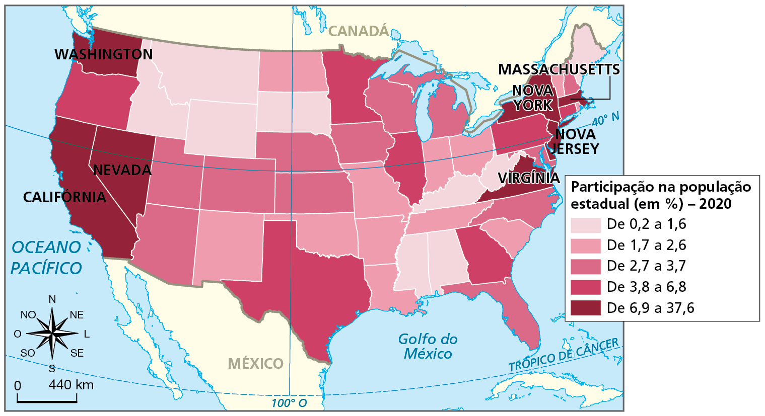 Mapa. Estados Unidos: distribuição da população asiática, 2020. Mapa de parte da América do Norte com a divisão política dos Estados Unidos e a porcentagem da população asiática na população de cada estado.  Participação na população estadual, em porcentagem, 2020:  De 0,2 a 1,6 por cento: estados nas porções noroeste, norte, leste e sudeste.  De 1,7 a 2,6 por cento:  estados no centro e a leste.  De 2,7 a 3,7 por cento: predomínio na porção central, nordeste, leste e sudeste:  De 3,8 a 6,8 por cento: em estados isolados no sul, norte, noroeste, leste, sudeste e nordeste.  De 6,9 a 37,6: dois estados a leste (Califórnia e Nevada), 1 estado a noroeste (Washington), 1 a leste (Virgínia) e 3 a nordeste (Massachusetts, Nova York e Nova Jersey).  À esquerda, rosa dos ventos e escala de 0 a 440 quilômetros.