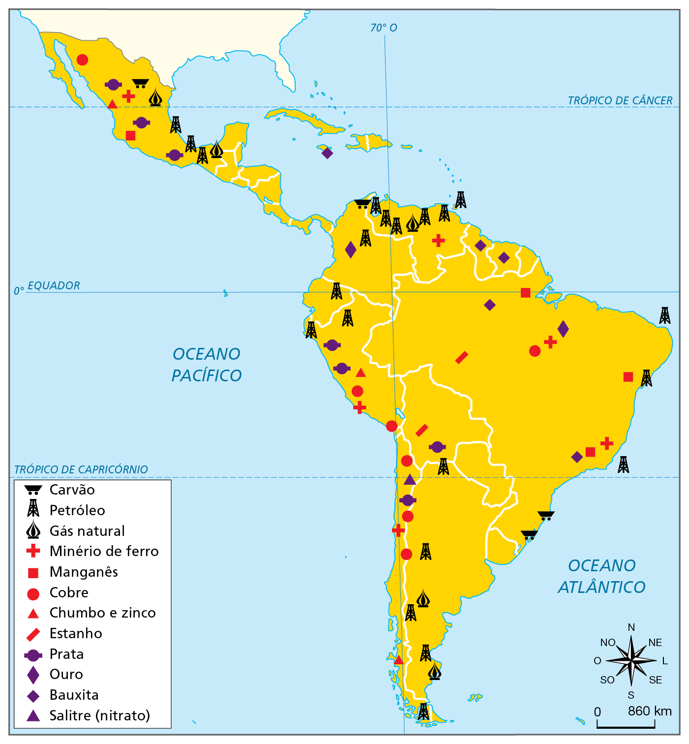 Mapa. América Latina: alguns recursos minerais e fontes de energia.  Mapa da América do Sul, América Central e México, representando a localização de alguns de seus recursos minerais e fontes de energia. Carvão: norte do México, noroeste da América do Sul e sul do Brasil. Petróleo: sul do México, alta concentração no norte da Venezuela, em Colômbia, Equador e norte do Peru, na Argentina, de norte a sul; no Brasil, costa sudeste e nordeste; Gás natural: sul da Argentina, na Venezuela, e na faixa leste do México.  Minério de ferro: sudeste e norte do Brasil, na Venezuela, no Chile, no Peru e no México.  Manganês: sudeste, nordeste e norte do Brasil, e costa oeste do México.  Cobre: norte do Brasil, no Chile, no Peru e no México. Chumbo e zinco: no Chile, no Peru e no México. Estanho: noroeste do Brasil e na Bolívia.  Prata: na Bolívia, no Chile, no Peru e no México. Ouro: norte do Brasil e na Colômbia.   Bauxita: sudeste e norte do Brasil, na Guiana e no Suriname e em ilha da América Central. Salitre (nitrato): no Chile.  À direita, rosa dos ventos e escala de 0 a 860 quilômetros.