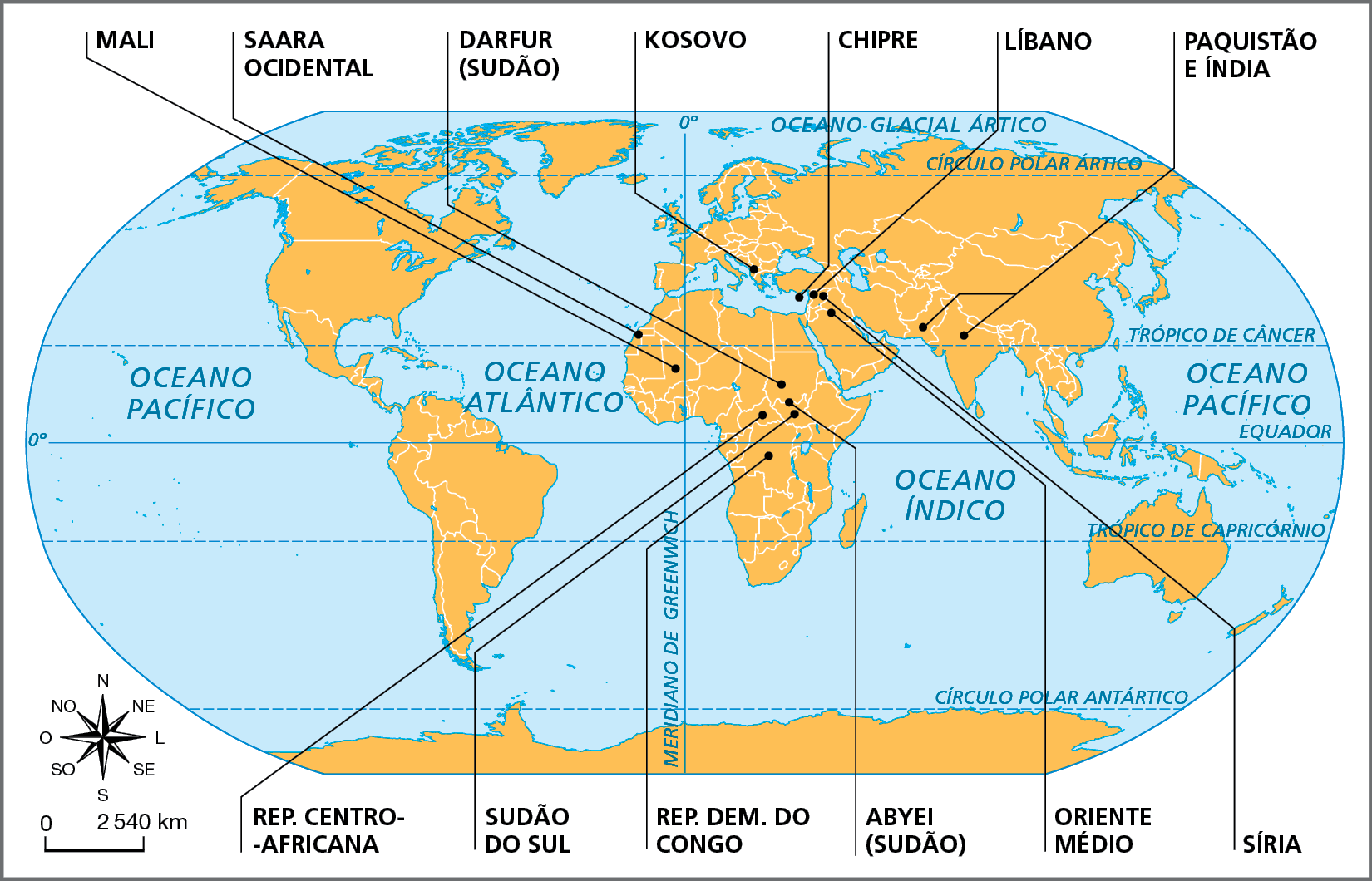 Mapa. Mundo: missões de paz da ONU em 2019. Planisfério representando as missões de paz da ONU em ocorrência para o ano de 2019. As missões se concentram no continente africano, Oriente Médio, Ásia e uma ocorrência no sudeste da Europa. Destaque para as regiões no continente africano: Mali, Saara Ocidental, Darfur (Sudão), República Centro-Africana, Sudão do Sul, República Democrática do Congo, Abyei (Sudão); No Oriente Médio: Líbano, Chipre, Síria; Europa central: Kosovo; na Ásia: Paquistão e Índia.  Abaixo, à esquerda, rosa dos ventos e escala de 0 a 2.540 quilômetros.