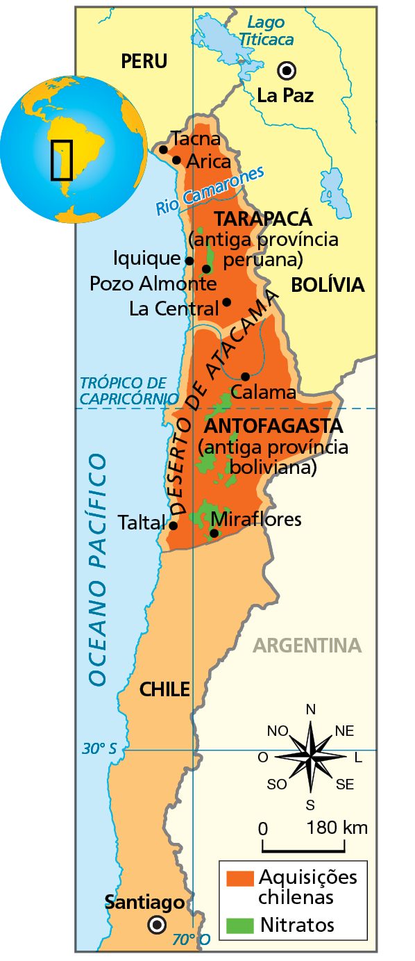 Mapa. Guerra do Pacífico, 1879-1883. Mapa de parte do oeste do continente sul americano, com destaque para o o centro e norte do Chile, oeste da Argentina, sudoste e oeste da Bolívia e sul do Peru. O mapa representa, por meio de cores, a localização das aquisições chilenas e os locais ricos em nitratos. Aquisições chilenas: região do deserto do Atacama, que engloba todo o norte chileno, incluindo a região de Antofagasta (antiga província boliviana) e as localidades de Miraflores, Taltal e Calama; a região de Tarapacá (antiga província peruana), incluindo as localidades de Pozo Almonte, La Central, Iquique, Arica e Tacna.  Localização das áreas de  nitratos: ocorrência na região de Miraflores, de Antofagasta; e região de Pozo Almonte e Iquique, a oeste de Tarapacá.  À direita e abaixo, rosa dos ventos e escala de 0 a 180 quilômetros.