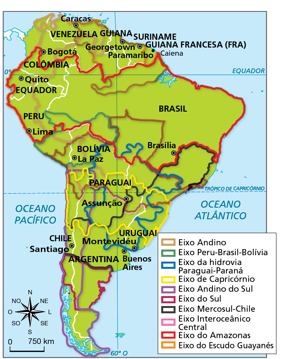 Quadro 3: Integração. Quadro composto por um mapa.  Mapa. América do Sul: eixos de integração.  Mapa representando os eixos de integração. Mapa da América do Sul representando os eixos de integração do continente e suas respectivas localizações. Eixo Andino: região da Venezuela, Colômbia, Bolívia e Equador.   Eixo Peru-Brasil-Bolívia: sul do Peru, noroeste da Bolívia e noroeste do Brasil. Eixo da hidrovia Paraguai-Paraná: centro-sul do Brasil, Paraguai e Uruguai.  Eixo de Capricórnio: sul do Brasil, Paraguai, norte da Argentina e norte do Chile. Eixo Andino do Sul: sudoeste da Bolívia, Chile, oeste e sul da Argentina.  Eixo Mercosul-Chile: sul e sudeste do Brasil, Paraguai, norte e centro da Argentina e centro do Chile, Eixo Interoceânico Central: centro leste e oeste: Brasil, Bolívia, Paraguai, sul do Peru e norte do Chile.  Eixo do Amazonas: nordeste, centro e norte do Brasil; norte da Bolívia, Peru, Equador, sul da Colômbia. Eixo do Escudo Guayanés: parte do norte do Brasil, centro e leste da Venezuela, Suriname e Guiana.  Abaixo e à esquerda, rosa dos ventos e escala de 0 a 750 quilômetros.