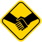 Ícone. Seção Rotas e encontros. Composto por uma placa amarela com o desenho de duas mãos se cumprimentando.