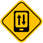 Ícone. Seção Caminhos digitais. Composto por uma placa amarela com o desenho de um celular com duas setas na tela.