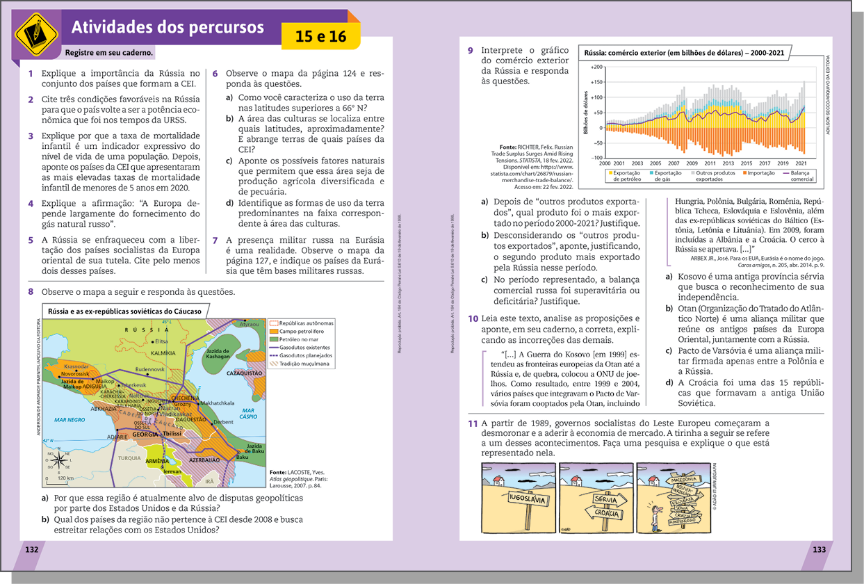 Duas páginas de livro. Destaque para a seção Atividades dos percursos 15 e 16.