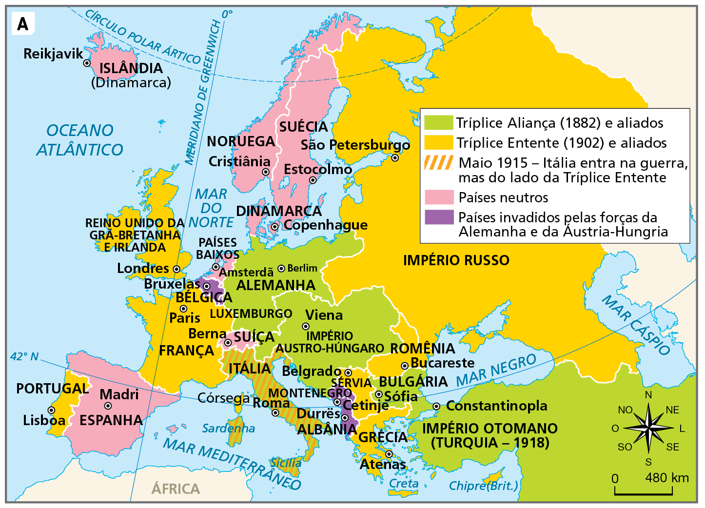 Mapa A. Europa: divisão política em 1914, durante a Primeira Guerra Mundial. Mapa mostrando a organização do espaço político europeu durante Primeira Guerra Mundial.
Tríplice Aliança (1882) e aliados: Império Otomano (Turquia – 1918, capital: Constantinopla), Bulgária (capital: Sófia), Império Austro-Húngaro (capital: Viena),  Alemanha (capital: Berlim). 
Tríplice Entente (1902) e aliados: Império Russo (capital: São Petersburgo), Reino Unido da Grã-Bretanha e Irlanda (capital: Londres), França (capital: Paris), Portugal (capital: Lisboa), Grécia (capital: Atenas), Romênia (capital: Bucareste), Sérvia (capital: Belgrado). 
Maio 1915: Itália (capital: Roma) entra na guerra, mas do lado da Tríplice Aliança. 
Países neutros: Suécia (capital: Estocolmo), Noruega (capital: Cristiânia), Dinamarca (capital: Copenhague), Islândia (pertencente à Dinamarca; capital da Islândia: Reikjavik), Espanha (capital: Madri), Suíça (capital: Berna), Países Baixos (capital: Amsterdã). 
Países invadidos pelas forças da Alemanha e da Áustria-Hungria: Albânia (capital: Durrës), Montenegro (capital: Cetinje), Bélgica (capital: Bruxelas). 
Na parte inferior direita, rosa dos ventos e escala de 0 a 480 km.