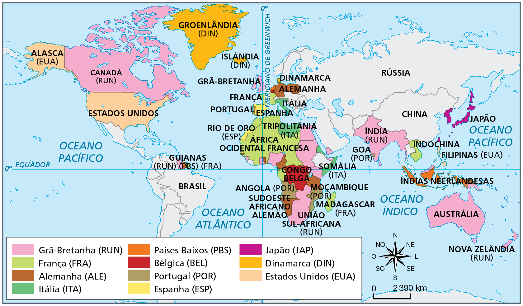 Mapa. Mundo: territórios controlados por nações europeias, Japão e Estados Unidos no final do século dezenove. Mapa mostrando a hegemonia europeia na organização do espaço mundial no século dezenove.
Grã-Bretanha (RUN): Grã-Bretanha, Austrália, Nova Zelândia, ilhas da Oceania, Índia, União Sul-Africana, porção nordeste da África, extremo sudoeste da Península Arábica, pequenas porções na costa oeste da África, Canadá e pequena porção no norte da América do Sul. 
França (FRA): França, porção centro-oeste da África, Ilha de Madagascar, Indochina, pequena porção no norte da América do Sul.
Alemanha (ALE): Alemanha, norte da Europa e pequenas porções ao longo da costa oeste e pequena porção na costa leste da África.
Itália (ITA): Itália, extremo norte (Tripolitânia) e leste da África (Somália).
Países Baixos (PBS): pequena porção no norte da Europa e ilhas da Indonésia (Índias Neerlandesas).
Bélgica (BEL): pequena porção no norte da Europa e centro da África (Congo Belga).
Portugal (POR): Portugal, na costa oeste da Península Ibérica, Angola e Moçambique no sul da África.
Espanha (ESP): Espanha no centro da Península Ibérica e costa noroeste da África (Rio de Oro).
Japão (JAP): Japão e pequena porção no sudeste da Ásia (ou no leste da China). 
Dinamarca (DIN): pequena porção no norte da Europa, Islândia e Groenlândia.
Estados Unidos (EUA): Estados Unidos, Alasca e Filipinas. 
Na porção inferior, rosa dos ventos e escala de 0 a 2.390 quilômetros.