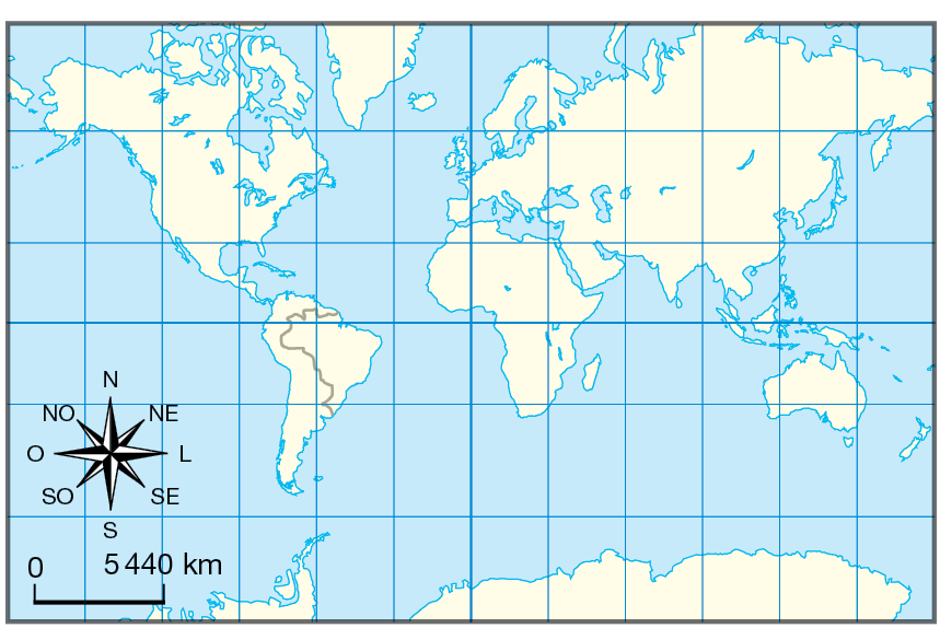 Mapa. Planisfério mostrando os continentes, paralelos e meridianos. Os continentes situados na porção norte do planeta e a Antártida são apresentados de forma distorcida, com a área maior do que o tamanho real. Na porção inferior, rosa dos ventos e escala de 0 a 5.440 quilômetros.
