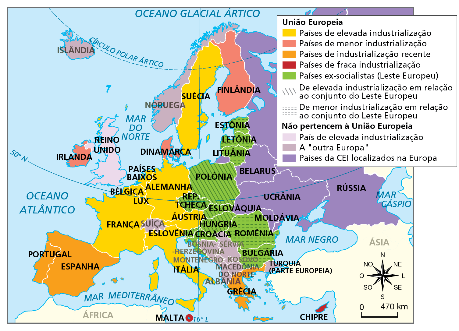 Mapa. Europa e União Europeia: regionalização, 2021. Mapa representando a organização do espaço industrial no continente europeu.
União Europeia:
Países de elevada industrialização: Suécia, Países Baixos, Alemanha, Bélgica, Luxemburgo, França, Itália e Áustria. 
Países de menor industrialização: Finlândia, Irlanda e Dinamarca. Países de industrialização recente: Portugal, Espanha e Grécia. 
Países de fraca industrialização: Chipre, Malta. 
Países ex-socialistas (Leste Europeu): Estônia, Letônia, Lituânia, Polônia, República Tcheca, Eslováquia, Hungria, Eslovênia, Bulgária, Croácia e Romênia. 
De elevada industrialização em relação ao conjunto do Leste Europeu: Polônia, República Tcheca, Hungria, Eslováquia e Eslovênia. 
De menor industrialização em relação ao conjunto do Leste Europeu: Romênia, Bulgária, Croácia, Estônia, Letônia, Lituânia. 
Não pertencem à União Europeia: 
País de elevada industrialização: Reino Unido.
A “outra Europa”: Suíça, Islândia, Noruega, Turquia, Sérvia, Albânia, Macedônia do Norte, Bósnia-Herzegovina, Kosovo e 
Montenegro.
Países da CEI localizados na Europa: Belarus, Ucrânia, Rússia e Moldávia. 
Na parte inferior, rosa dos ventos e escala de 0 a 470 quilômetros.