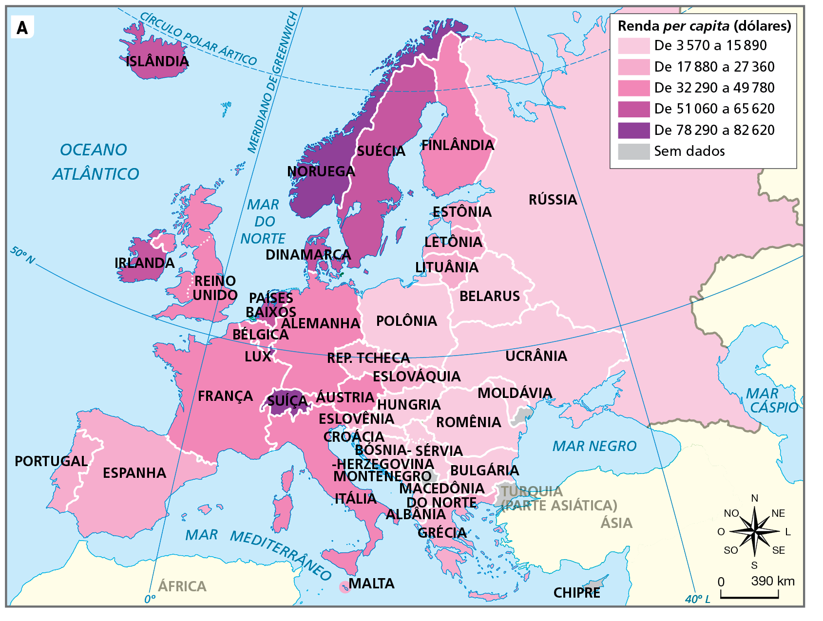 Mapa A. Europa e União Europeia: renda per capita, 2020. Mapa representando a renda per capita dos países do continente europeu.
Renda per capita (dólares): 
De 3.570 a 15.890 dólares: Rússia, Belarus, Ucrânia, Romênia, Moldávia, Polônia, Sérvia, Bulgária, Macedônia do Norte, Hungria, Croácia, Bósnia-Herzegovina, Montenegro e Albânia. 
De 17.880 a 27.360 dólares: República Tcheca, Eslováquia, Estônia, Letônia, Lituânia, Eslovênia, Grécia, Malta, Portugal e Espanha. 
De 32.290 a 49.780 dólares: Finlândia, Alemanha, Itália, França, Reino Unido, Bélgica e Áustria.
De 51.060 a 65.620 dólares: Islândia, Irlanda, Suécia, Países Baixos e Dinamarca.
De 78.290 a 82.620 dólares: Noruega, Luxemburgo e Suíça.
Sem dados: Chipre,  Montenegro, Turquia e Kosovo.
Na parte inferior, rosa dos ventos e escala de 0 a 390 quilômetros.