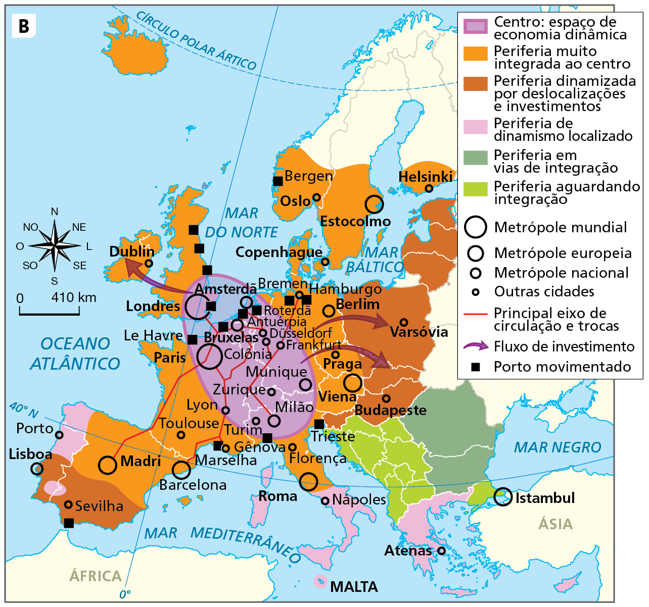 Mapa B. Europa e União Europeia: organização parcial do espaço. Mapa mostrando as áreas centrais e periféricas da economia europeia, bem como a localização e tamanho das metrópoles, os principais eixos de circulação e trocas, os fluxos de investimentos e os portos mais movimentados do continente.
Centro: espaço de economia dinâmica: porção central do continente, incluindo cidades do Reino Unido (Londres), Países Baixos (Amsterdã, Roterdã), Bélgica (Bruxelas, Antuérpia), França (Paris, Le Havre, Lion), Alemanha (Dusseldorf, Frankfurt, Munique, Colônia), Suíça (Zurique), Áustria, Itália (Milão, Turim, Gênova), Luxemburgo.
Periferia muito integrada ao centro: porção do entorno mais próximo ao centro, incluindo cidades da Itália, França, Espanha, Inglaterra, Irlanda, Áustria, Alemanha, República Tcheca, Finlândia Suécia e Noruega, tais como Madri, Barcelona, Toulouse, Lyon, Marselha, Genova, Florença, Roma, Dublin, Bremen, Copenhague, Oslo, Bergen, Estocolmo, Hamburgo, Berlim, Praga, Viena, Trieste.
Periferia dinamizada por deslocalizações e investimentos: porções situadas no sul de Portugal e Espanha e países do nordeste do continente, incluindo cidades como Lisboa, Sevilha, Budapeste, Varsóvia.
Periferia de dinamismo localizado: porções situadas no norte de Portugal e Espanha, sul da Itália e Grécia, incluindo cidades como Porto, Nápoles, Atenas.
Periferia em vias de integração: inclui os territórios da Romênia e Bulgária.
Periferia aguardando integração: inclui os territórios dos países desmembrados da ex-Iugoslávia, e a porção europeia da Turquia, com destaque para a cidade de Istambul.
Metrópole mundial: Londres e Paris.
Metrópole europeia: Viena, Madri, Barcelona, Roma, Estocolmo, Istambul.
Metrópole nacional: Lisboa, Milão, Munique, Berlim, Amsterdã e Bruxelas.
Outras cidades: Porto, Toulouse, Sevilha, Marselha, Lyon, Turim, Florença, Nápoles, Zurique, Atenas, Budapeste, Varsóvia, Helsinki, Praga, Oslo, Copenhague, Frankfurt, Dusseldorf, Antuérpia, Dublin e Bremen.
Principal eixo de circulação e trocas: eixos existentes entre as cidades do espaço de economia dinâmica e da periferia muito integrada ao centro, incluindo Amsterdã, Paris, Madri; Bruxelas, Zurique, Barcelona, Marselha; Antuérpia, Frankfurt, Milão.
Fluxo de investimento: do espaço de economia dinâmica em direção aos países do Leste Europeu e Reino Unido.
Porto movimentado: Marselha, Le Havre, Hamburgo, Amsterdã, Bruxelas, Antuérpia, Roterdã, Genova, Trieste. Na parte superior direita, mapa-múndi com destaque para o continente europeu. Na porção direita, a rosa dos ventos e a escala de 0 a 410 quilômetros.