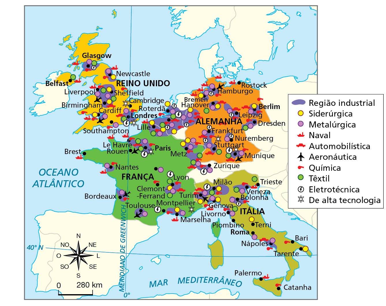 Mapa. Alemanha, França e Itália (UE) e Reino Unido: indústria. Mapa do espaço industrial nos países centrais do continente europeu.
Região industrial: no entorno de Glasgow e de Newcastle, no norte do Reino Unido; entorno de Liverpool, Sheffield e Birmingham, na parte centro-oeste do Reino unido; no entorno de Cardiff e de Londres, no sul do Reino Unido; entorno de Lille, Le Havre, Paris, Metz e Nantes, no centro-norte da França; entorno de Lyon, Bordeaux, Toulouse e Marselha, no sul da França; no entorno de Milão, Turim, Gênova, Veneza, Bolonha e Livorno, no norte da Itália; no entorno de Nápoles, no sul da  Itália; no entorno de Hamburgo, Bremen, Hanover, Berlim, Leipzig e Dresden, no norte da Alemanha; no entorno de  Frankfurt, Stuttgart, Nuremberg e Munique, no sul da Alemanha; entorno de Zurique, no norte daa Suíça; Roterdã e porção sul dos Países Baixos; Bélgica.  
Siderúrgica: em Tarente, no sul da Itália; em Terni, no centro da Itália; Gênova, Milão e Turim, no norte da Itália; em Marselha e Lyon, no sul da França; Metz e Lille, no norte da França; em Berlim, Hanover e Bremen, no norte da Alemanha; em Newcastle e Sheffield, no norte do Reino Unido; Birmingham e Cardiff, no sul do Reino Unido; no sul da Bélgica; em Roterdã, no sul de Países Baixos.  
Metalúrgica: em Glasgow, Newcastle, Liverpool e Sheffield, no norte do Reino Unido; Cardiff, Southampton e Londres, no sul do Reino Unido; em Lille, Paris, Metz e Nantes, no norte da França; Bordeaux, Lyon, Toulouse e Marselha, no sul da França; Hamburgo, Bremen, Hanover, Berlim, Leipzig e Dresden, no centro-norte da Alemanha; Frankfurt, Nuremberg, Stuttgart e Munique, no sul da Alemanha; Turim, Gênova, Bolonha, Veneza, no norte da Itália; Roma e Nápoles, no sul da Itália; em Roterdã, no sul de Países Baixos; na parte central da Bélgica.
Naval: litoral de Glasgow, Newcastle, Belfast e Liverpool, no norte do Reino Unido; litoral de Cardiff, no sul do Reino Unido; litoral de Le Havre, Lille, Brest e Nantes, na costa norte e oeste da França;  litoral de Marselha, no sul da França; litoral de Trieste e de Gênova, no norte da Itália; litoral de Palermo, no sul da Itália; litoral de Rostock, Hamburgo e Bremen, norte da Alemanha.  
Automobilística: em Birmingham e Londres, no sul do Reino Unido; sul da zona industrial de Metz, na costa leste da França; em Hanover, Leipzig, Berlim, no norte da Alemanha; em Frankfurt, Stuttgart e Munique, no sul da Alemanha; em Turim, no norte da Itália; em Nápoles, sul da Itália; norte da Bélgica.
Aeronáutica: Liverpool, no centro-oeste do Reino Unido; Cardiff, no sul do Reino Unido; em Hamburgo, no norte da Alemanha; em Munique, no sul da Alemanha; em Rouen, no norte da França; em Bordeaux e Toulouse, no sul da França; em Turim, no norte da Itália. 
Química: em Glasgow, Newcastle e Liverpool, no centro-norte do Reino Unido; em Londres, Cardiff e Southampton, no sul do Reino Unido; em Lille, Le Havre, Paris, Namtes e Metz, no norte da França; em Clemont-Ferrand, Lyon, Bordeaux e Montpellier, no sul da França; em Milão, Turim, Gênova, Veneza, Bolonha e Livorno, no norte da Itália; em Nápoles e Bari, no sul da Itália; em Berlim e Leipzig, no norte da Alemanha e em algumas áreas na porção oeste; em Frankfurt e Munique, no sul da Alemanha; no centro e no leste da Bélgica.  
Têxtil: em Glasgow, Liverpool e Belfast, no norte do Reino Unido; Birmingham
e Londres, no sul do Reino Unido; em Lille, Le Havre e Paris, no norte da França; áreas do leste da França; Lyon, no sul da França; em Milão, Veneza, Trieste e Gênova, no norte da Itália; em Hanover, e Dresden, no norte da Alemanha; em Stuttgart e Munique, no sul da Alemanha; no sul de Países Baixos; no oeste da Bélgica.
Eletrotécnica: em Glasgow, no norte da Reino Unido; em Londres, no sul do Reino Unido; em Paris, no norte da França; em Lyon e Montpellier, no sul da França; em Turim e Bolonha, no norte da Itália; em Bramen e Leipzig, no norte da Alemanha e na porção oeste do país; em Frankfurt, Nuremberg e Munique, no sul da Alemanha; no centro-sul de Países Baixos; no oeste da Bélgica.
De alta tecnologia: em Cambridge e Londres, no sul do Reino Unido; em Paris, no norte da França; no sul da França; no centro-sul e em Munique, na Alemanha. 
Na parte inferior, rosa dos ventos e escala de 0 a 280 quilômetros.