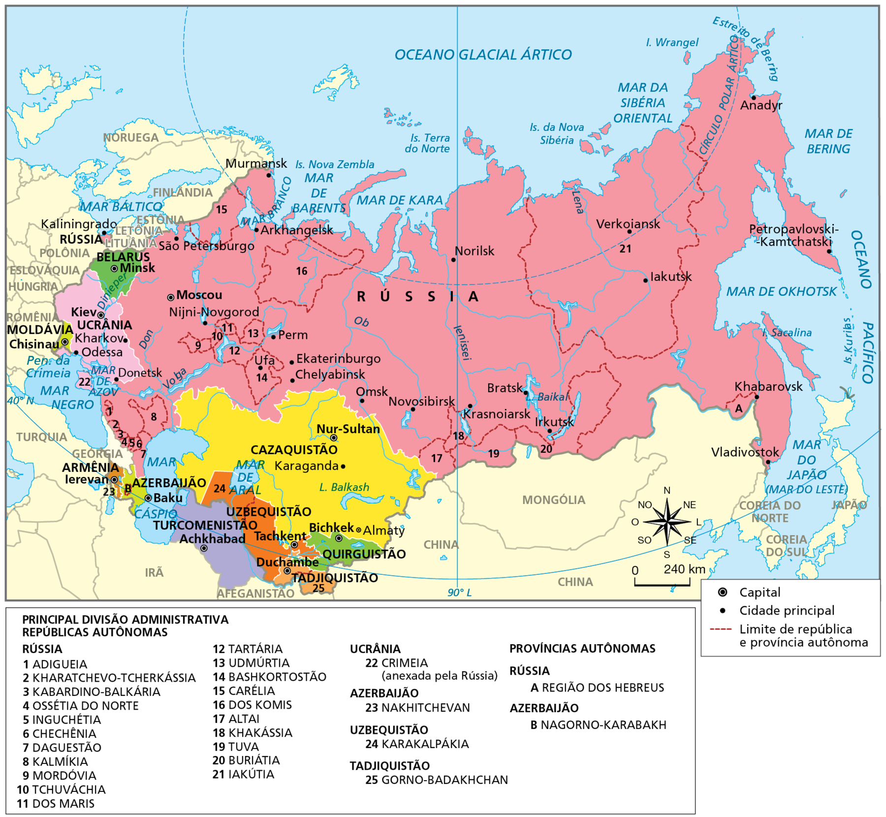 Mapa. CEI: político, 2021. Mapa representando os países-membros da CEI em 2021, suas capitais e cidades principais. Destaque para a Rússia na porção norte e leste e os demais países à oeste e ao sul.
Capital
Rússia: Moscou
Belarus: Minsk
Ucrânia: Kiev
Moldávia: Chisinau
Armênia: Ierevan
Azerbaijão: Baku
Cazaquistão: Nur-Sultan
Turcomenistão: Achkhabad
Tadjiquistão: Duchambe
Quirguistão: Bichkek
Uzbequistão: Tachkent
Cidade principal 
Rússia: Murmansk, Kaliningrado, Arkhangetsk, São Petersburgo, Verkoiansk, Norilsk, Petropavlovski-Kamtchatski, Nijni-Novgorod, Anadyr, Iakutsk, Perm, Ufa, Ekaterinburgo, Chelyabinsk, Bratsk, Irkutsk, Omsk, Krasnoiarsk, Novosibirsk, Khabarovsk e Vladivostok
Cazaquistão: Karaganda e Almaty. 
Ucrânia: Kharkov, Odessa e Donetsk
Principal Divisão Administrativa Repúblicas Autônomas
Rússia
1. Adigueia, no sudoeste da Rússia.
2. Kharatchevo-Tcherkássia, no sudoeste da Rússia.
3. Kabardino- Balkária, no sudoeste da Rússia.
4. Ossétia do Norte, no sudoeste da Rússia.
5. Inguchétia, no sudoeste da Rússia.
6. Chechênia, no sudoeste da Rússia.
7. Daguestão, no sudoeste da Rússia.
8. Kalmíkia, no sudoeste da Rússia.
9. Mordóvia, no oeste da Rússia.
10. Tchuváchia, no oeste da Rússia.
11. Dos Maris, no oeste da Rússia.
12. Tartária, no oeste da Rússia.
13. Udmúrtia, no oeste da Rússia.
14. Bashkortostão, no oeste da Rússia.
15. Carélia, no noroeste da Rússia.
16. Dos Komis, no norte da Rússia.
17. Altai, no sul da Rússia.
18. Khakássia, no sul da Rússia.
19. Tuva, no sul da Rússia.
20. Buriátia, no sul da Rússia.
21. Iakútia, no leste da Rússia.
Ucrânia
22. Crimeia (anexada pela Rússia), no sul da Ucrânia.
Azerbaijão
23. Nakhitchevan, no oeste do Azerbaijão. 
Uzbequistão
24. Karakalpákia, no noroeste do Uzbequistão.
Tadjiquistão
25. Gorno-Badakhchan, no leste do Tadjiquistão.
Províncias Autônomas
Rússia: A. Região dos Hebreus, no sudeste da Rússia.
Azerbaijão: B. Nagorno-Karabakh, no centro do Azerbaijão.
Na parte inferior, rosa dos ventos e escala de 0 a 240 quilômetros.