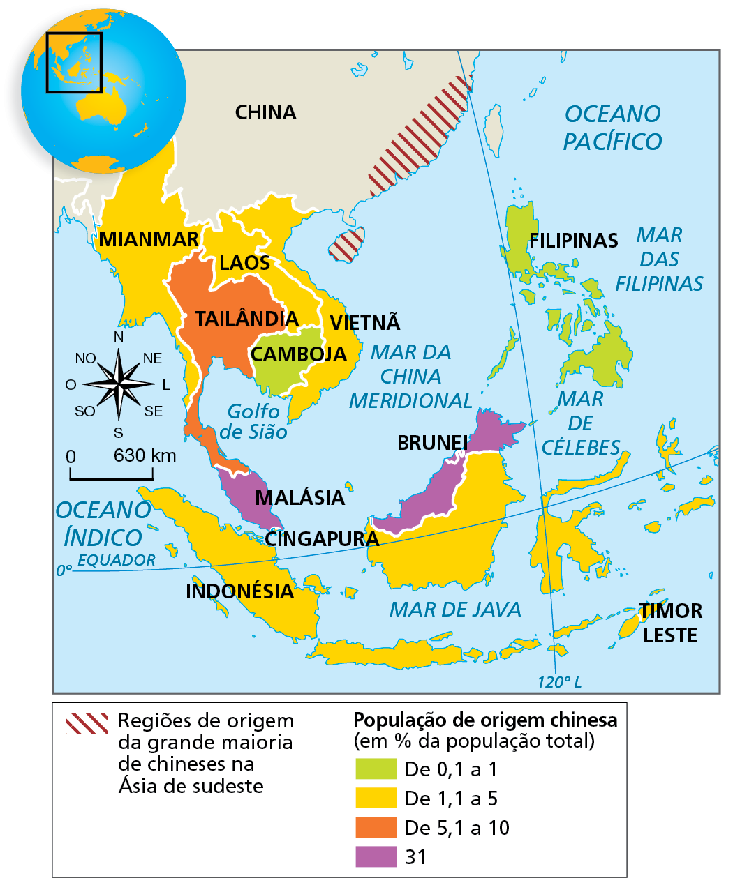 Mapa. A diáspora chinesa na Ásia de sudeste. Mapa representando as porcentagens de população de origem chinesa nos países do Sudeste Asiático.
Regiões de origem da grande maioria de chineses na Ásia de sudeste: ilha de Hainan e litoral sudeste da China.
População de origem chinesa (em porcentagem da população total)
De 0,1 a 1%: Filipinas e Camboja.
De 1,1 a 5%: Laos, Cingapura, Mianmar, Indonésia e Vietnã.
De 5,1 a 10%: Tailândia.
31%: Malásia e Brunei.
À esquerda, rosa dos ventos e escala de 0 a 630 quilômetros.