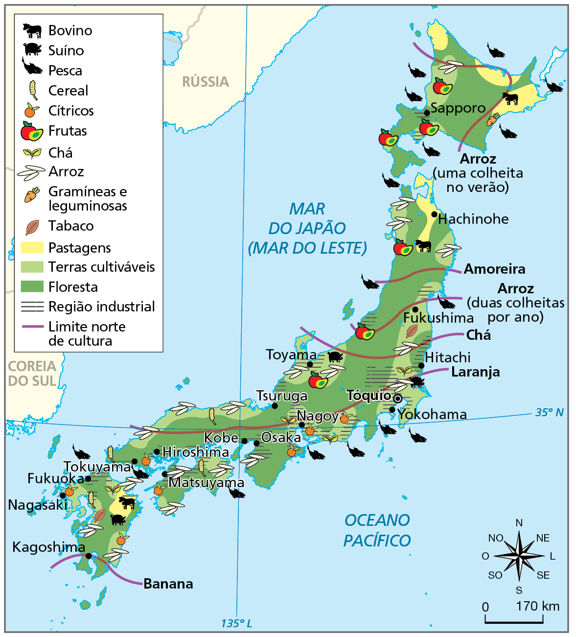 Mapa. Japão: uso da terra e do mar, em 2019. Mapa do território japonês evidenciando diferentes formas de uso da terra e do mar. Para isso são empregados símbolos e cores para destacar os produtos cultivados, além de diferentes coberturas do solo e de atividades econômicas. 
Bovino: pontos no norte e no sul do mapa.  
Suíno: costa leste, oeste e sul. 
Pesca: faixa leste, oeste às margens do Mar do Japão (Mar do Leste) e no Oceano Pacífico.  
Cereal: faixa leste e sul.  
Cítricos: na faixa leste, centro ao sul.  
Frutas: faixa oeste, do norte ao centro.  
Chá: faixa leste, do centro ao sul. 
Arroz: faixa leste e oeste, do centro ao sul. 
Gramíneas e leguminosas: norte, na faixa leste. 
Tabaco: centro e sul na faixa leste.  
Pastagens: norte e sul. 
Terras cultiváveis: faixa leste e oeste nas margens do Mar do Japão e do Oceano Pacífico.  
Floresta: centro do território do sul ao norte. Região industrial: pontos no norte, leste, oeste e sul.  
Limite norte de cultura: Norte: Arroz (uma colheita no verão), Amoreira, Arroz (duas colheitas por ano). No centro, chá, laranja. No sul, banana.  
Abaixo, rosa dos ventos e escala de 0 a 170 quilômetros.