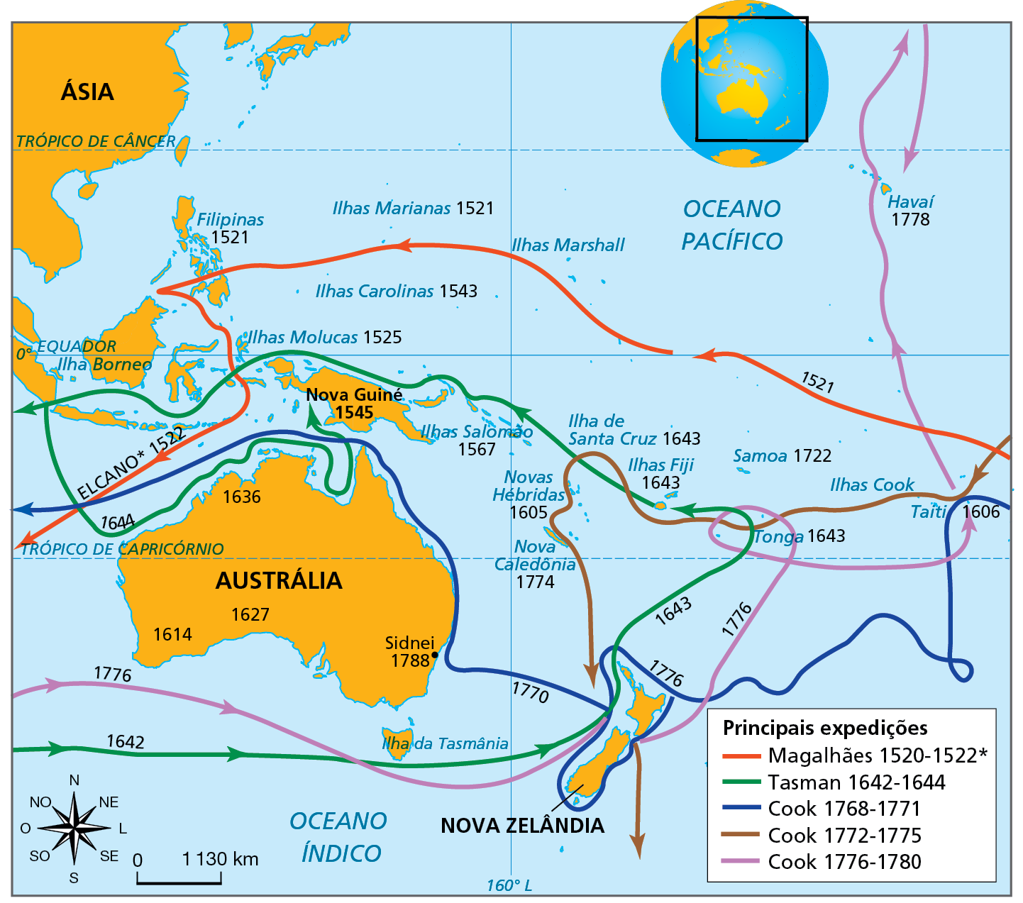 Mapa. Chegada dos europeus à Oceania e às ilhas do sudeste asiático, do século 16 ao 18. Mapa do território da Oceania representando as principais expedições europeias, com suas respectivas datas,   por meio de setas coloridas: 
Principais expedições: 

Magalhães, 1520 a 1522, expedição representada por setas vermelhas: pelo Oceano Pacífico, passa pelas Ilhas Marianas, Ilhas Marshall e Filipinas em 1521, seguindo pela costa oeste da Austrália, em 1522. 
Tasman, de 1642 a 1644, expedição representada por setas verdes: pelo Oceano Índico, em 1642, passa pela Ilha da Tasmânia e pela costa ocidental da Nova Zelândia, seguindo, em 1643, por Tonga, Ilhas Fiji, Ilha de Santa Cruz, Ilhas Salomão, costa norte de Nova Guiné, Ilha Borneo, e, em 1644 seguindo para o sul de Nova Guiné. 
Cook, 1768 a 1771, representada por seta azul: pelo Oceano Pacífico passa pelo Taiti, contornando as ilhas da Nova Zelândia em 1776 e seguindo, em 1770 para a costa leste e norte da Austrália.
Cook, 1772 a 1775, expedição representada por seta marrom: pelo Oceano Pacífico, passa por Taiti, Ilhas Cook, Tonga, Ilhas Fiji, Novas Hébridas, Nova Caledônia, em direção à Nova Zelândia.  
Cook, 1776 a 1780, expedição representada por seta roxa: pelo Oceano Índico, em 1776, passa próximo à Ilha da Tasmânia em direção à Nova Zelândia, de onde segue para Tonga, circundando-a e seguindo para Taiti e Havaí, no Oceano Pacífico. 
Abaixo, rosa dos ventos e escala de 0 a 1.130 quilômetros.