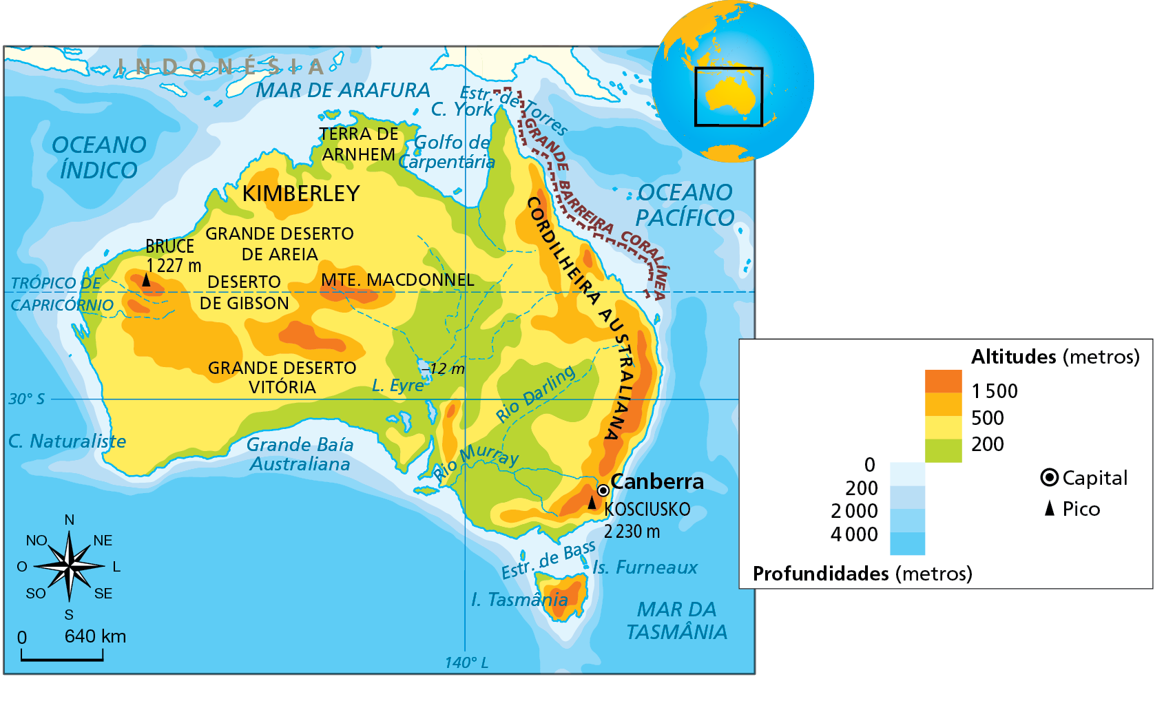 Mapa. Austrália: físico. Mapa do território australiano onde o relevo é evidenciado pelo uso de cores. 
Altitudes (metros): 
Até 200 metros: interior da costa centro-oriental; faixa na porção sul; estreita faixa na costa litorânea norte e oeste; pequena porção no extremo noroeste da Ilha da Tasmânia, ao sul da Austrália.
200 a 500 metros: faixas na costa litorânea e no interior da porção leste da Austrália, pequenas porções no sul; grande parte da porção centro-ocidental da Austráia, onde ocorrem a Terra de Arnhem, no extremo norte; o Grande Deserto de Areia, na porção noroeste; o Deserto de Gibson, na parte central da porção oeste; o Grande Deserto Vitória, no sul da porção oeste da Austrália; estreita faixa na porção noroeste da Ilha da Tasmânia.
500 a 1.500 metros: área da Cordilheira Australiana, na costa oriental, onde está a capital da Austrália, Canberra; pequenas porções na parte central e na costa oeste (Kimberley); área centro-oriental da Ilha da Tasmânia.
Acima de 1.500 metros: porções da Cordilheira Australiana, na costa oriental; pequenas porções na parte central do país (Monte Macdonnel) e na costa oeste; área central da Ilha da Tasmânia, a sudeste da Austrália. 
Profundidades:
Zero a 200 metros: toda a faixa litorânea mais próxima do território da Austrália.
200 a 2.000 metros: estreita faixa posterior à faixa litorânea australiana.
2.000 ou mais metros: área posterior à faixa de 200 a 2.000 metros de profundidade.
Picos: Kosciusko, com 2.230 metros de altitude, no sul da Cordilheira Australiana, na costa oriental; Bruce, com 1.227 metros de altitude, na costa oeste. 
Rios intermitentes no centro da costa oeste e na área centro-oriental; Rio Darling (intermitente) no interior da porção oriental; Rio Murray (perene), na porção sudeste. Lago Eyre, a 12 metros abaixo do nível do mar, na porção centro-oriental.
Grande Barreira Coralínea no litoral nordeste australiano.
Grande Baía Australiana no litoral sul; Golfo de Carpentária, no litoral norte. Mar de Arafura, ao norte da Austrália; Estreito de Bass, entre Austrália e Ilha da Tasmânia. Estreito de Torres e Canal York no litoral nordeste da Austrália. 
Abaixo, rosa dos ventos e escala de 0 a 640 quilômetros.