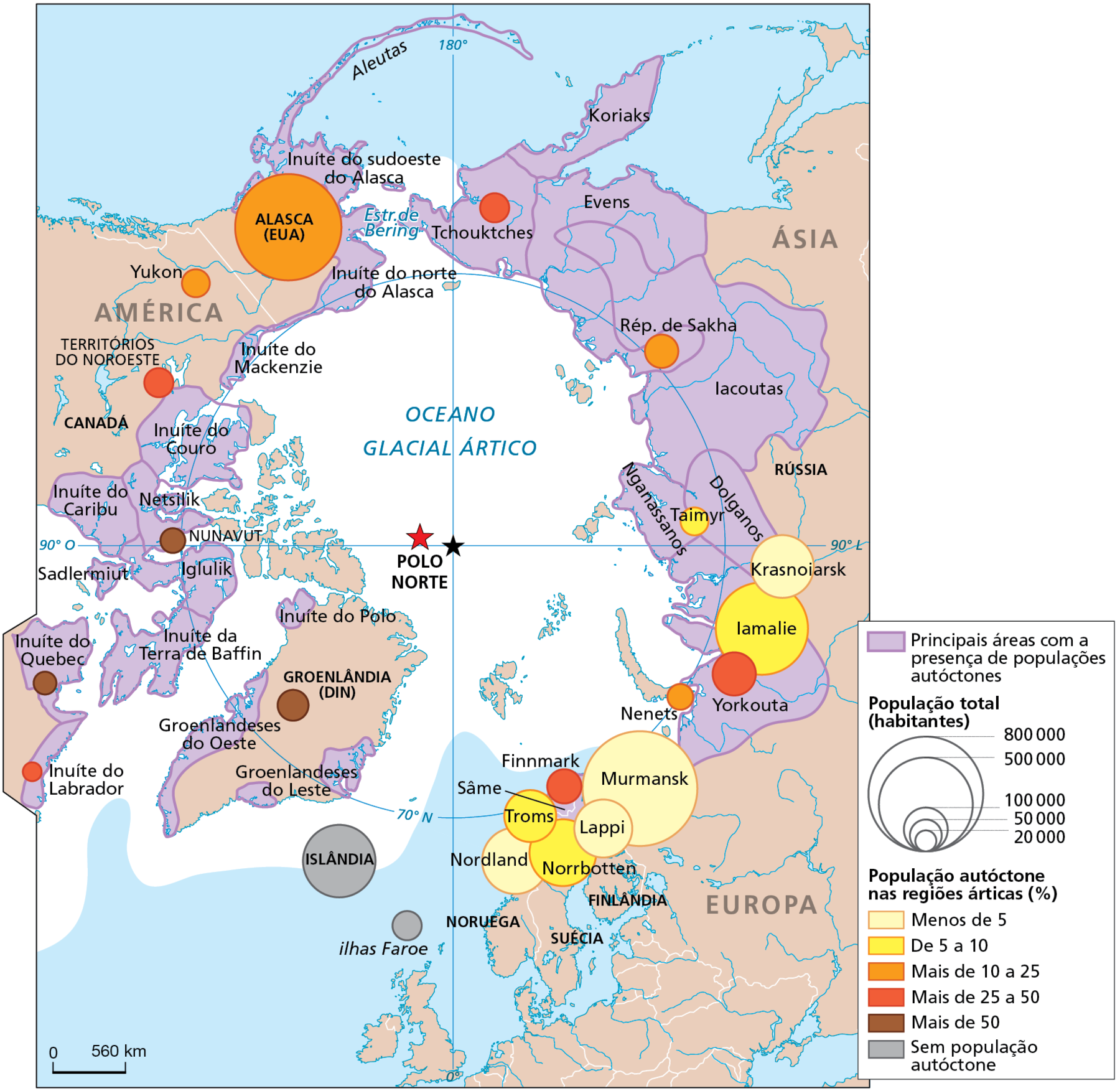 Mapa. Região do Ártico: populações total (em habitantes) e autóctones (em porcentagem) – 2019. Mapa da região do Ártico mostrando as principais áreas com a presença de populações autóctones e a localização das principais aglomerações de habitantes, representadas por meio de círculos proporcionais que variam em ordem decrescente de 800 mil a 20 mil habitantes. No mapa, esses círculos são destacados em tonalidade de cor que indicam o percentual de população autóctone nas regiões árticas, variando do menos intenso, em amarelo claro (indicando menos de 5% de população autóctone), para o mais intenso, em marrom (indicando mais de 50% de população autóctone). O círculo em cinza representa sem presença de população autóctone. 
Principais áreas com a presença de populações autóctones: área ao redor do Oceano Glacial Ártico. Na Rússia: regiões de Koriaks, Tchouktches, Evens, República de Sakha, Iacoutas, Dolganos, Ngnassanos, Yorkouta; na Groenlândia (Dinamarca): Groenlandeses do Oeste, Groenlandeses do Leste; Inuíte do Polo; no Alasca (Estados Unidos): Aleutas, Inuíte do norte do Alasca, Inuíte do sudoeste do Alasca; No Canadá: Inuíte do Mackenzie, Inuíte do Couro, Inuíte do Caribu, Inuíte do Couro, Netsilik, Iglulik, Nunavut, Inuíte do Quebec, Inuíte da Terra de Baffin, Sadlermiut, Inuíte Labrador. 
População total (habitantes): 
800.000: Alasca (Estados Unidos); Murmansk (Rússia).
500.000: Iamalie (Rússia).
300.000: Islândia. 
200.000: Norrbotten (Suécia); Nordland (Noruega).
100.000: Lappi (Finlândia); Troms (Noruega); Krasnoiarsk (Rússia). 
50.000: Finnmark (Noruega); Groenlândia (Dinamarca); Territórios do Noroeste e Yukon (Canadá); Ilhas Faroe; Tchouktches, República de Sakha e Yorkouta (Rússia). 
20.000: Inuíte do Labrador; Inuíte do Quebec e Nunavut (Canadá); Nenets e Taimyr (Rússia). 
População autóctone nas regiões árticas (em porcentagem): 
Menos de 5: Murmansk e Krasnoiarsk (Rússia); Lappi (Finlândia); Nordland (Noruega). 
De 5 a 10: Taimyr e Iamalie (Rússia); Norrbotten (Suécia); Troms (Noruega).
Mais de 10 a 25: Nenets e República de Sakha (Rússia); Yukon (Canadá); Alasca (Estados Unidos) 
Mais de 25 a 50: Tchouktches e Yorkouta (Rússia); Finnmark (Noruega); Territórios do Noroeste e Inuíte do Labrador (Canadá).
Mais de 50: Groenlândia (Dinamarca); Inuíte do Quebec e Nunavut (Canadá).
Sem população autóctone: Islândia, Ilhas Faroe. 
Na parte inferior, à esquerda, escala de 0 a 560 km.