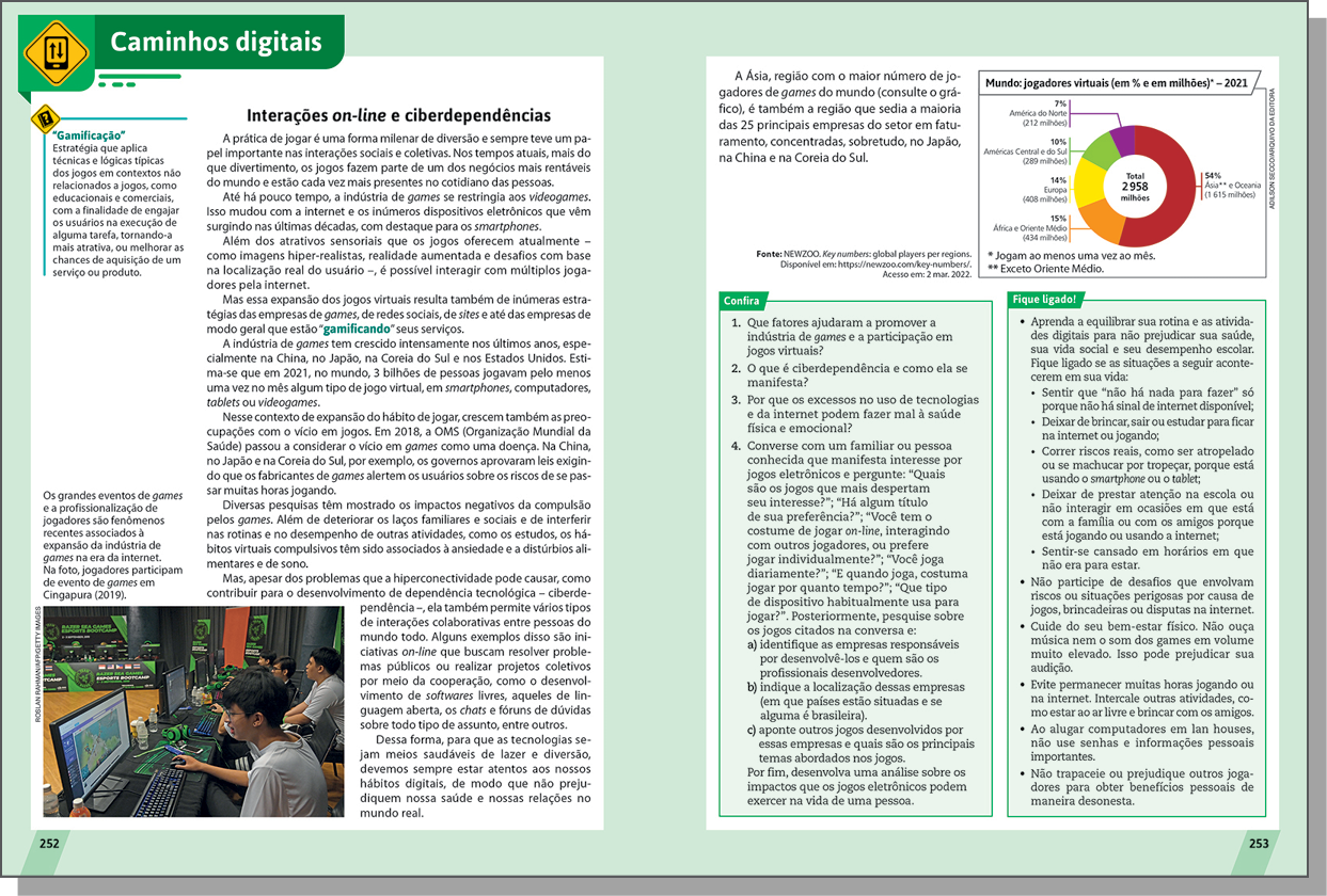 Duas páginas de livro. Destaque para a seção Caminhos digitais e para os boxes Confira e Fique ligado!.