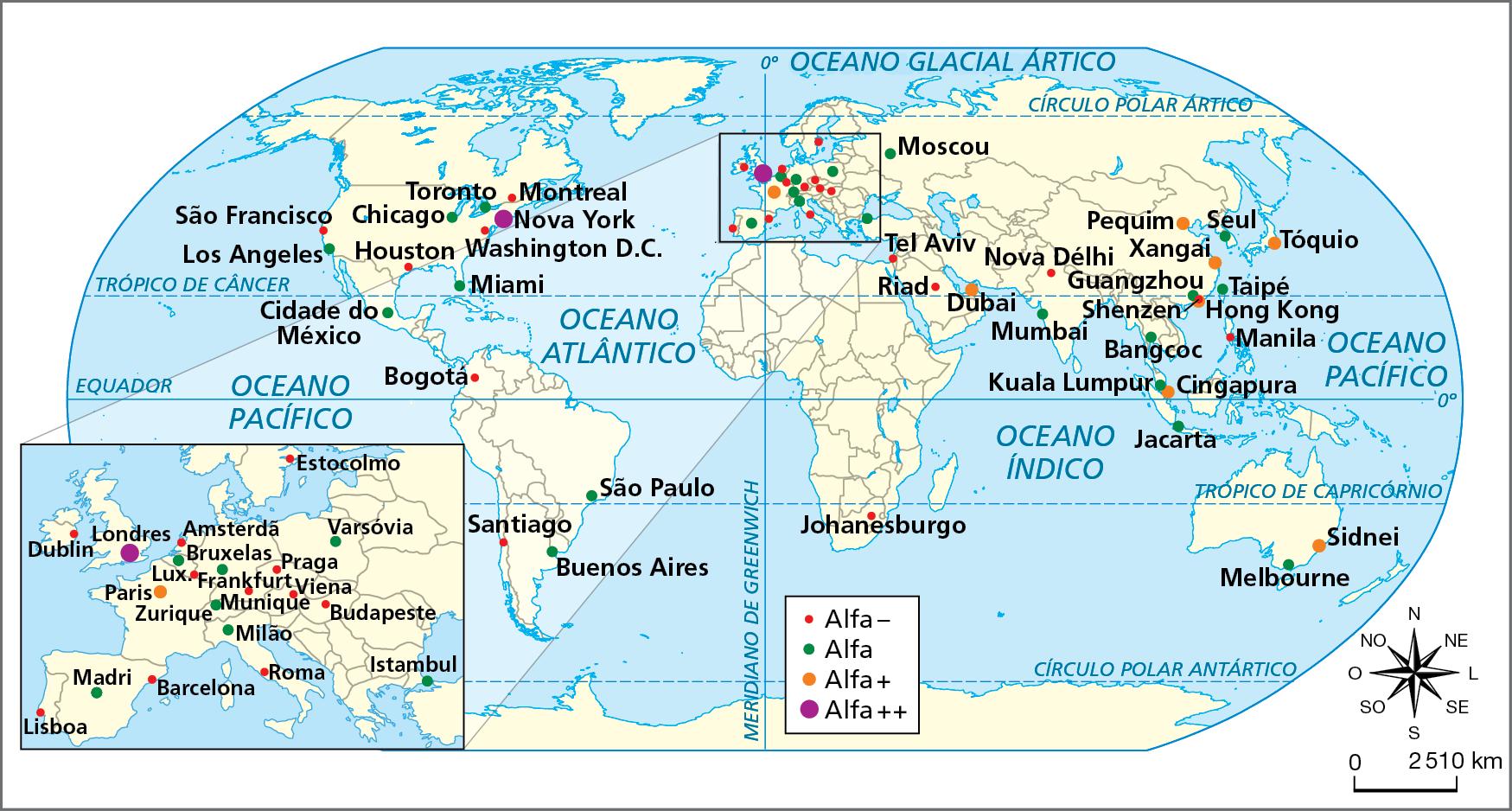 Mapa. Mundo: cidades globais do grupo alfa – 2018. Mapa representando a localização das cidades globais do grupo alfa.
Alfa menos: Montreal, Washington D.C, Bogotá, Houston, São Francisco, Santiago, Tel Aviv, Nova Délhi, Riad, Amsterdã, Praga, Viena, Frankfurt, Budapeste, Roma, Luxemburgo, Barcelona, Lisboa, Dublin, Munique, Estocolmo, Manila, Shenzen e Johanesburgo.
Alfa: Melbourne, Bangcoc, Taipé, Mumbai, Moscou, Guangzhou, Zurique, Bruxelas, Varsóvia, Milão, Munique, Madri, Cidade do México, Toronto, Chicago, Los Angeles, Miami, Moscou, São Paulo, Buenos Aires, Istambul, Kuala Lumpur, Jacarta e Seul.
Alfa mais: Sidnei, Cingapura, Tóquio, Pequim, Xangai, Hong Kong, Dubai, Paris.
Alfa mais mais: Londres, Nova York.
Na parte inferior, rosa dos ventos e escala de 0 a 2.510 quilômetros.