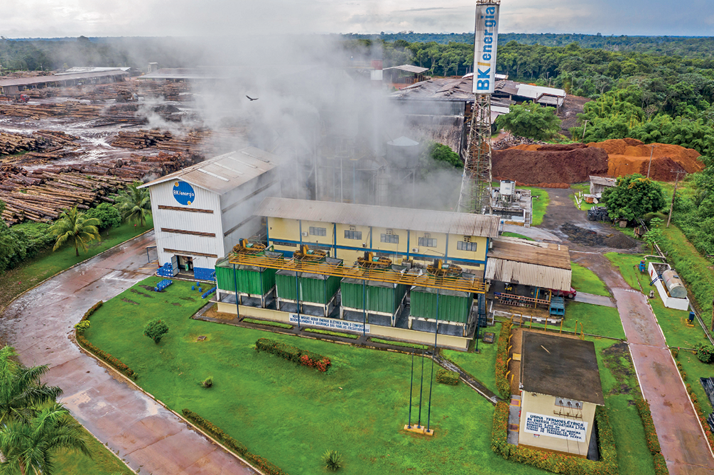 Fotografia. Vista de uma usina termelétrica. No primeiro plano, uma torre e um conjunto de galpões. Ao redor, um gramado e uma via de circulação de veículos. Há muita fumaça em cima de um dos galpões. No segundo plano, à direita, uma área de floresta; à esquerda, área com uma grande quantidade de troncos de árvores empilhados.