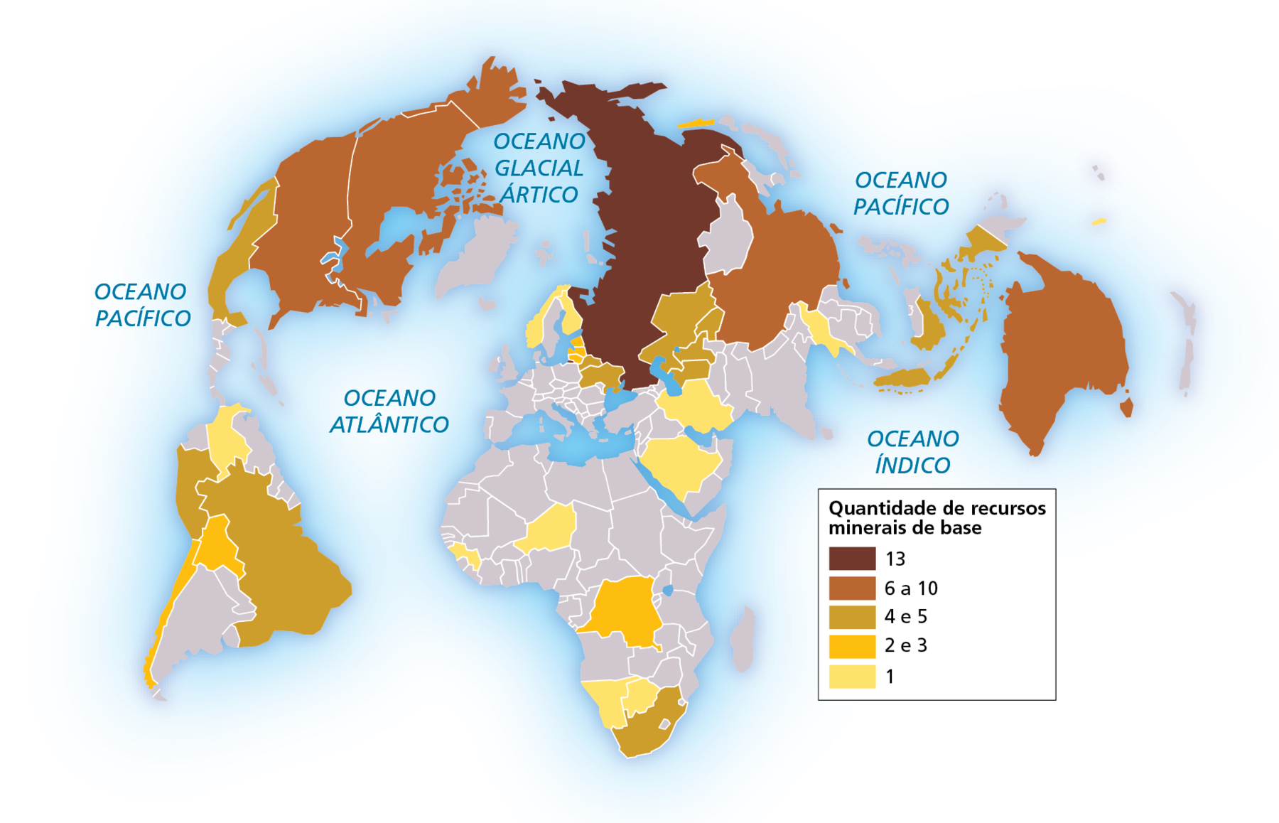 Mapa. Mundo: países detentores das mais importantes reservas conhecidas de recursos minerais de base. Mapa mostrando a quantidade de recursos minerais de base de alguns países.
13 recursos minerais de base: Rússia.
6 a 10 recursos minerais de base: Austrália, Estados Unidos, Canadá e China. 
4 e 5 recursos minerais de base: África do Sul, Brasil, Peru, México, Indonésia, Ucrânia, Bielorrússia, Cazaquistão, Uzbequistão, Turcomenistão e Quirguistão.
2 e 3 recursos minerais de base: República Democrática do Congo, Lituânia, Letônia, Estônia, Chile e Bolívia.
1 recursos mineral de base: Colômbia, Arábia Saudita, Mianmar, Irã, Suécia, Finlândia, Namíbia, Botsuana, Guiné e Níger.
Ao lado do mapa, nota: representação
sem escala e orientação elaborada em projeção cartográfica oblíqua.