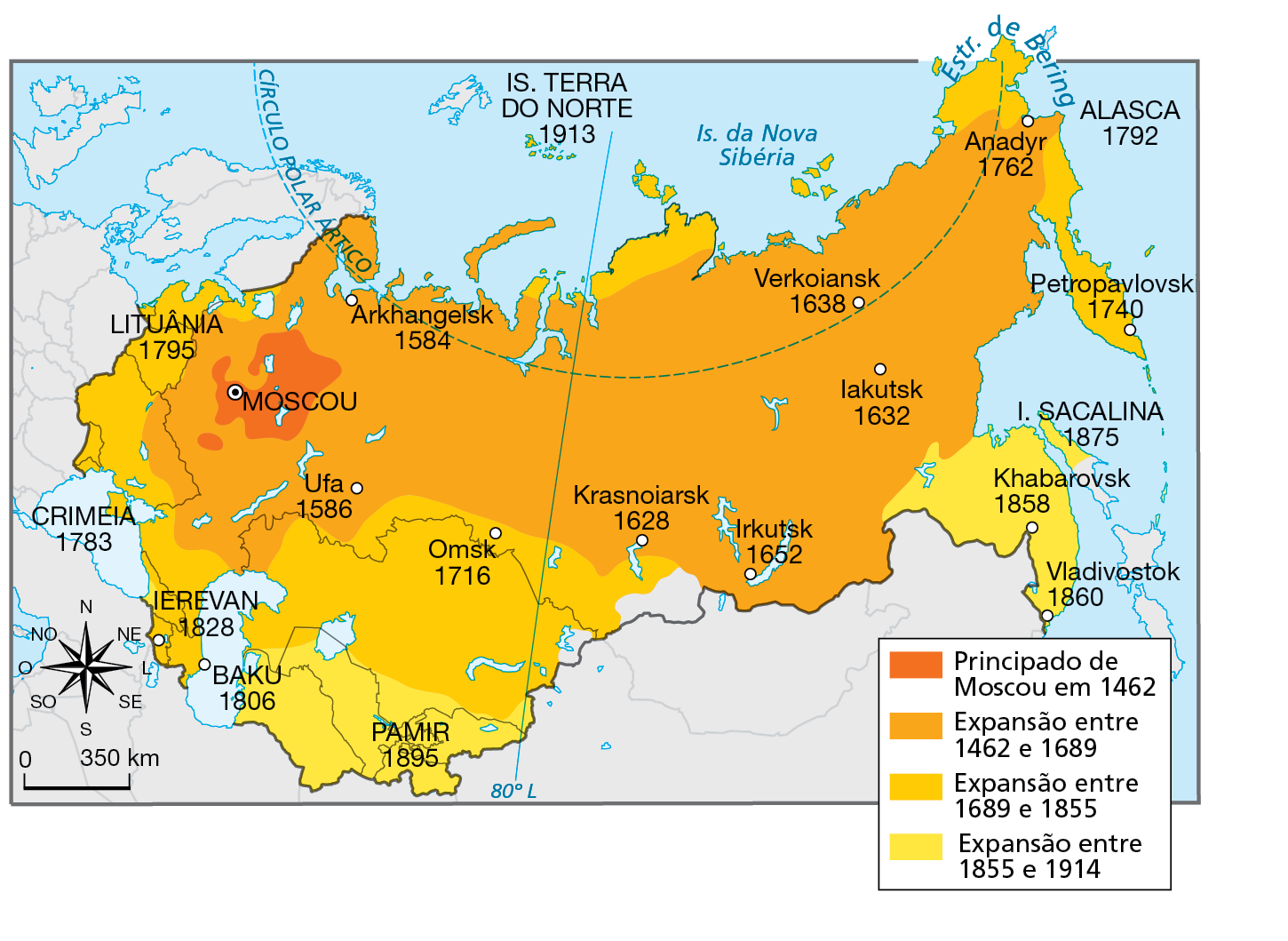 Mapa. Império Russo: expansão territorial – 1462 a 1914. Mapa representando as áreas de expansão do território russo ao longo dos séculos com as respectivas datas.
Principado de Moscou em 1462: área no entorno de Moscou, cidade no oeste do território do atual país.
Expansão entre 1462 e 1689: extensa área abrangendo a quase totalidade do território do atual país na direção leste-oeste. Cidades dessa fase: Anadyr (no extremo leste, próximo ao estreito de Bering) 1762, lakutsk (a leste) 1632, Verkoiansk (a nordeste) 1638, Krasnoiarsk  (ao sul) 1628, Irkutsk (sul) 1652, Arkhangelisk (a noroeste) 1584, Ufa (a sudoeste) 1586. 
Expansão entre 1689 e 1855: área no extremo oeste, abrangendo a Lituânia (1795), a Crimeia (1783), a porção entre o Mar Negro e o Cáspio, Onde está a cidade de Ierevan (1828) e Baku (1806) o território do atual Cazaquistão, porções no extremo norte e península situada no extremo leste do país, onde está a cidade de Petropavlovsk (1740).
Expansão entre 1855 e 1914: área do Império Russo passa a abranger maior porção no sudoeste (território dos atuais Uzbequistão, Quirguistão, Tadjiquistão e Turcomenistão), englobando a cidade de Pamir (1895), e maior porção no sudeste, englobando a ilha Sacalina (1875) e as cidades de Khabarovsk (1858) e Vladivostok 1860. 
Na parte inferior, rosa dos ventos e escala de 0 a 350 quilômetros.