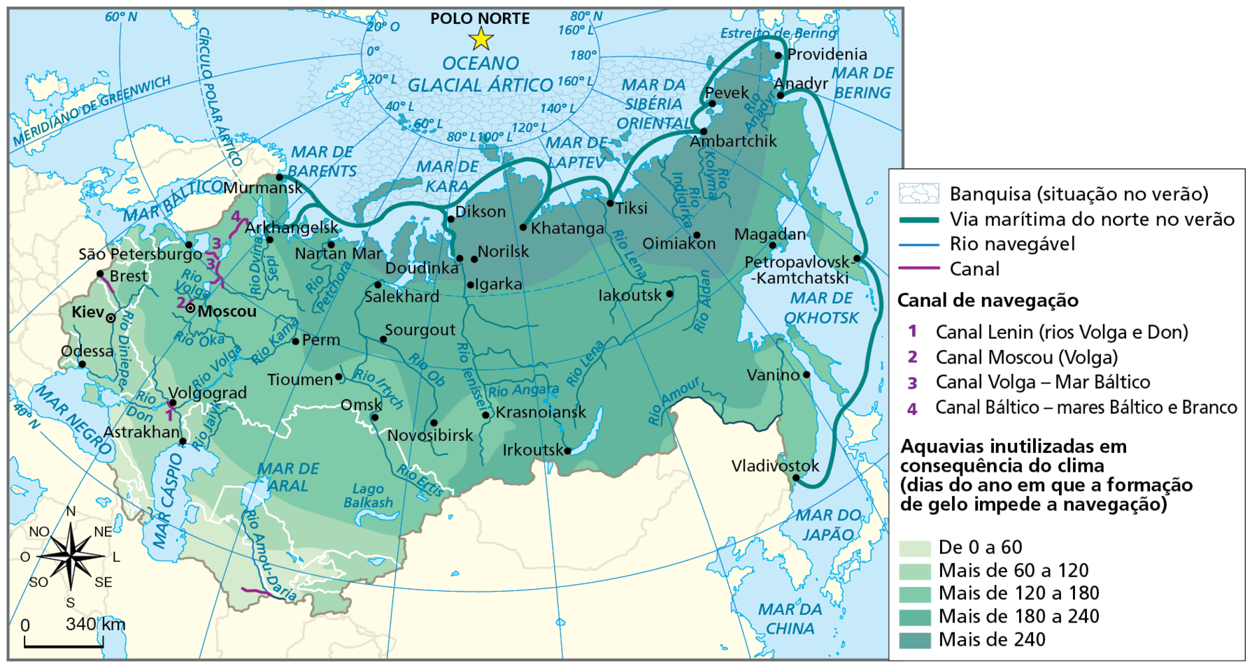Mapa. CEI: aquavias e suas limitações em razão do clima. Mapa representando a rede hidrográfica dos países da CEI, os canais de navegação e as aquavias inutilizadas em consequência do clima.
Banquisa (situação no verão): porção do Oceano Glacial Ártico, situado ao norte da Rússia. 
Via marítima do norte no verão: linha verde atravessa todo o litoral norte e leste da Rússia, conectando as cidades de: Murmansk, Arkhangelsk, Doudinka, Dikson, Khatanga, Tiksi, Ambartchik, Pevek, Providenia, Amadyr, Petropavlovsk-Kamtchatski e Vladivostok. Esta via atravessa o Mar de Barents, Mar de Kara, Mar de Laptev, Mar da Sibéria Oriental, Mar de Bering, Mar de Okhotsk e norte do Mar do Japão.
Rio navegável: Rio Lena, Rio Aldan, Rio Anadyr, Rio Kolyma, Rio Indigirka, Rio Amour, Rio Angara, Rio Ob, Rio Petchora, Rio Divina Sepi, Rio Irtych, Rio Volga, Rio Kama, Rio Dinieper, Rio Don, Rio Amou-Daria, Rio Ertis, Rio Kama, Rio Ienissei, Rio Oka e Rio Jaivk. 
Canal: localizados na faixa noroeste e sudoeste da Rússia e sul do Turcomenistão.
Canal de navegação: 
1. Canal de Lenin (rios Volga e Don), entre os mares Negro e Cáspio.
2. Canal Moscou (Volga), no noroeste da Rússia.
3. Canal Volga, no noroeste da Rússia.
4. Canal Báltico – mares Báltico e Branco, no noroeste da Rússia.
Aquavias inutilizadas em consequência do clima (dias do ano em que a formação de gelo impede a navegação)
De 0 a 60: porção nos territórios do Turcomenistão, Azerbaijão, Geórgia e Armênia.
Mais de 60 a 120: porção dos territórios de Uzbequistão, Ucrânia e sudeste da Rússia.
Mais de 120 a 180: porção do território do Cazaquistão, sudeste, sudoeste e oeste da Rússia. 
Mais de 180 a 240: porção noroeste, centro, sul e sudeste da Rússia.
Mais de 240: extremo norte e nordeste da Rússia.
Na porção inferior, rosa dos ventos e escala de 0 a 340 quilômetros.