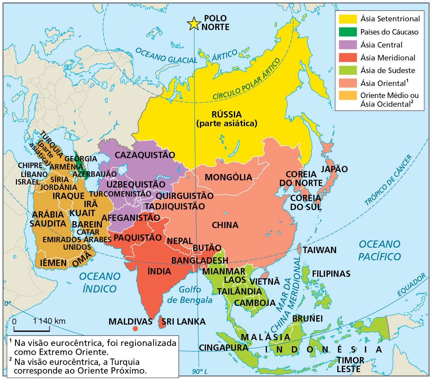 Mapa. Ásia: regionalização com base na localização dos países, 2021. Mapa representando regiões no continente asiático com base na localização, distinguindo cada região por cor nos países.
Ásia Setentrional, em amarelo: Rússia (parte asiática).
Países do Cáucaso, em verde-escuro: Geórgia, Armênia e Azerbaijão.
Ásia Central, em lilás: Cazaquistão, Uzbequistão, Turcomenistão, Afeganistão, Quirguistão e Tadjiquistão.
Ásia Meridional, em vermelho: Índia, Bangladesh, Paquistão, Sri Lanka, Maldivas, Nepal e Butão. 
Ásia de Sudeste, em verde-claro: Mianmar, Vietnã, Camboja, Cingapura, Brunei, Malásia, Indonésia, Filipinas, Laos, Tailândia e Timor Leste. 
Ásia Oriental, na cor salmão. Na visão eurocêntrica, foi regionalizada como Extremo Oriente. Mongólia, China, Coreia do Norte, Japão, Coreia do Sul. 
Oriente Médio ou Ásia Ocidental, na cor laranja. Na visão eurocêntrica, a Turquia corresponde ao Oriente Próximo. Turquia (parte asiática), Chipre, Jordânia, Kuait, Irã, Emirados Árabes Unidos, Barein, Iêmen, Omã, Arábia Saudita, Israel, Líbano, Irã, Iraque, Síria e Catar.
Na parte inferior, escala de 0 a 1.140 quilômetros.