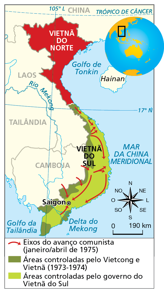 Mapa. O Vietnã do Sul entre 1973 e 1975. Mapa representando o controle do território no Vietnã do Sul entre 1973 e 1975.
Eixos do avanço comunista (janeiro a abril de 1975): setas vermelhas do Camboja para a porção oeste do Vietnã do Sul, do norte para o sul do país, do interior para o litoral e do centro e do sul para a cidade de Saigon.
Áreas controladas pelo Vietcong e Vietnã (1973 e 1974): porção situada no Delta do Mekong e porção oeste e extremo sul do Vietnã do Sul.
Áreas controladas pelo governo do Vietnã do Sul: interior e costa leste do Vietnã do Sul. 
No norte, está o Vietnã do Norte.
Na parte inferior, rosa dos ventos e escala de 0 a 190 quilômetros.