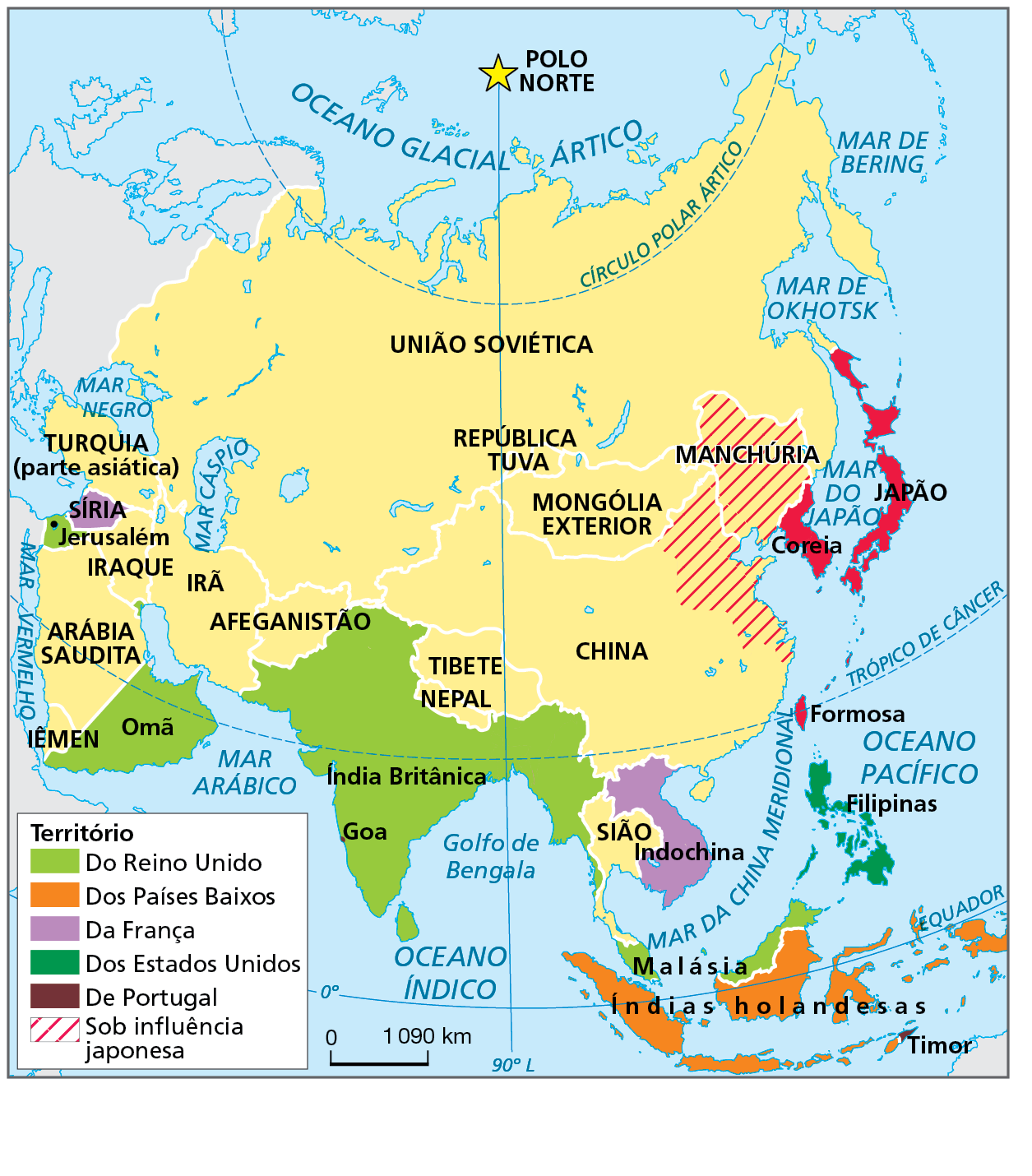 Mapa. Ásia: político, 1937. Mapa representando as áreas de ocupações externas do continente europeu em 1937. 
Território
Do Reino Unido: Índia Britânica (incluía a Índia, Paquistão, Bangladesh, Butão e Mianmar), Omã, no sul da Península Arábica, Jerusalém, no norte da Península Arábica e Malásia, no Sudeste Asiático.
Dos Países Baixos: Índias holandesas (atual Indonésia). 
Da França: Indochina e Síria.
Dos Estados Unidos: Filipinas. 
De Portugal: Timor, no Sudeste Asiático e Goa, no litoral oeste da Índia. 
Sob influência japonesa: Manchúria e nordeste da China.
Na parte inferior, escala de 0 a 1.090 quilômetros.