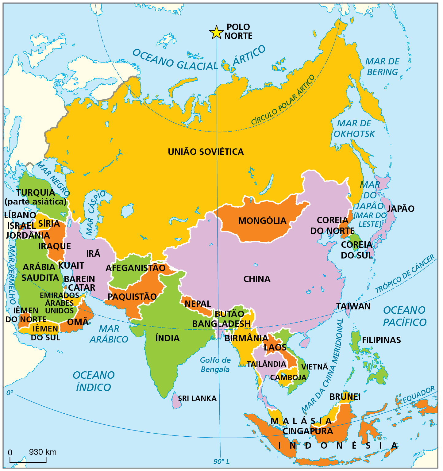 Mapa. Ásia: político, 1989. Mapa representando os países asiáticos em 1989. 
União Soviética, Mongólia, Coreia do Norte, Coreia do Sul, Japão, Taiwan, Filipinas, Brunei, Malásia, Cingapura, Birmânia, Indonésia, Camboja, Tailândia, Bangladesh, Butão, Laos, Nepal, Índia, Sri Lanka, Paquistão, Afeganistão, Irã, Turquia (parte asiática), Líbano, Israel, Síria, Kuait, Jordânia, Iraque, China, Arábia Saudita, Barein, Catar, Vietnã, Emirados Árabes Unidos, Omã, Iêmen do Norte e Iêmen do Sul. Na parte inferior, escala de 0 a 930 quilômetros.